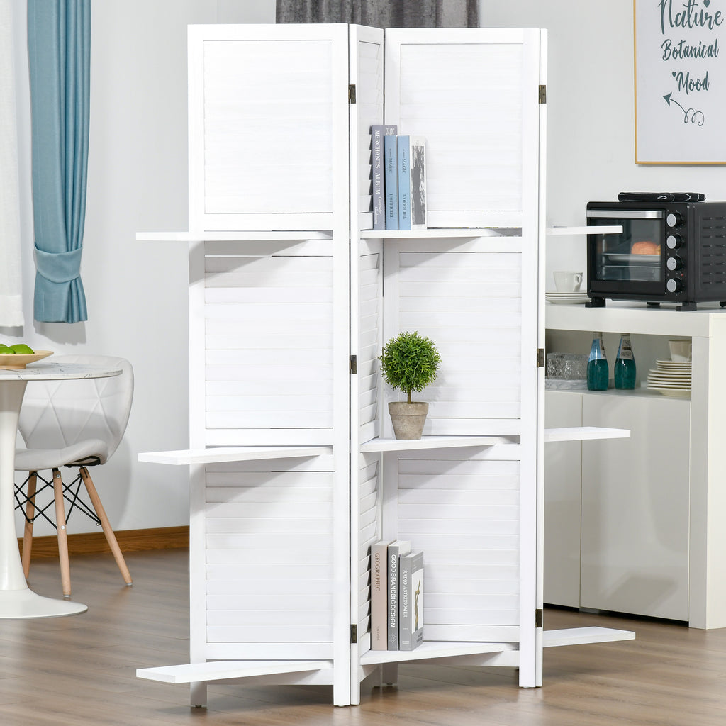 4 Panel 67" Tall Wood Privacy Screen Room Divider with 3 Shelves and Folding Storage for Bedroom, White