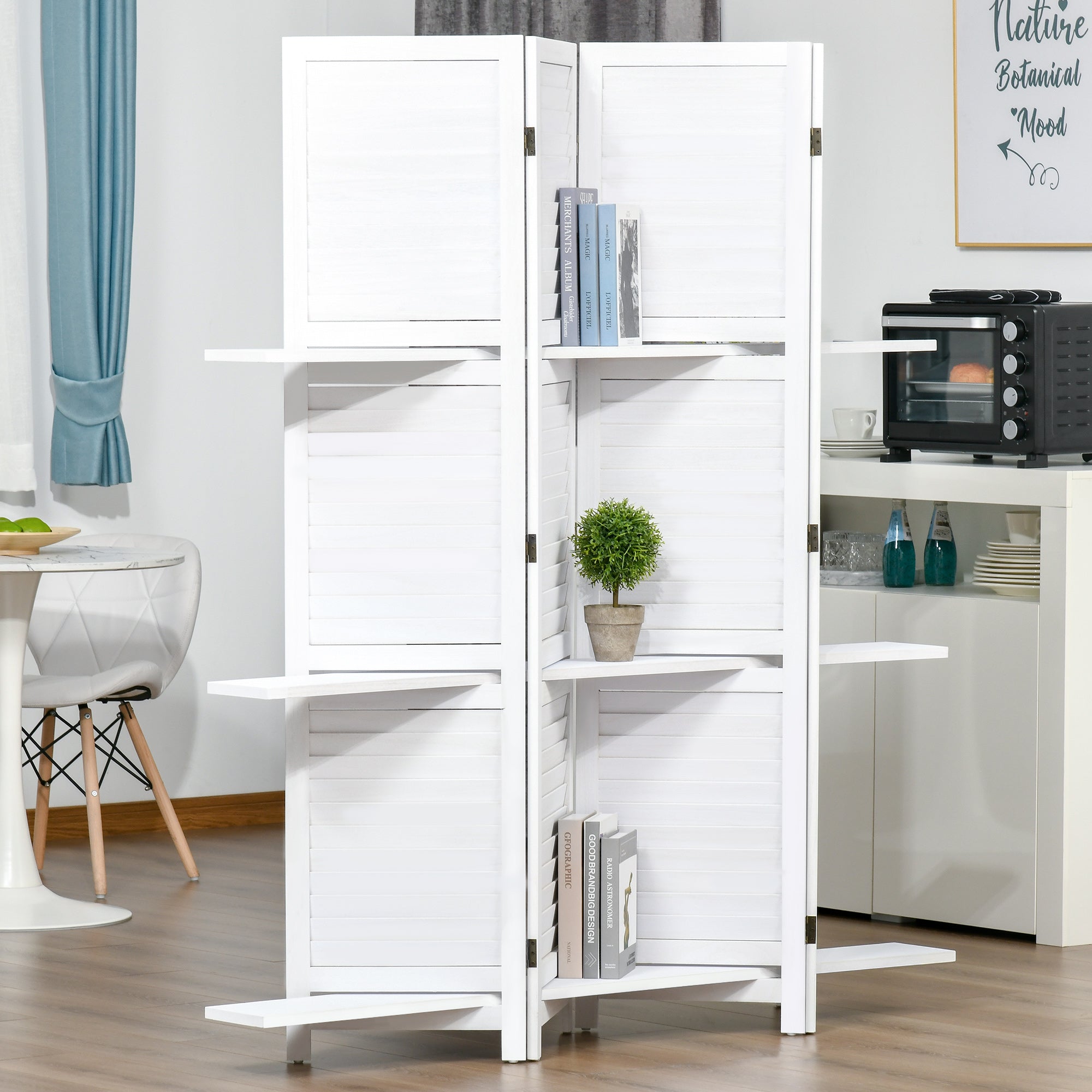 4 Panel 67" Tall Wood Privacy Screen Room Divider with 3 Shelves and Folding Storage for Bedroom, White