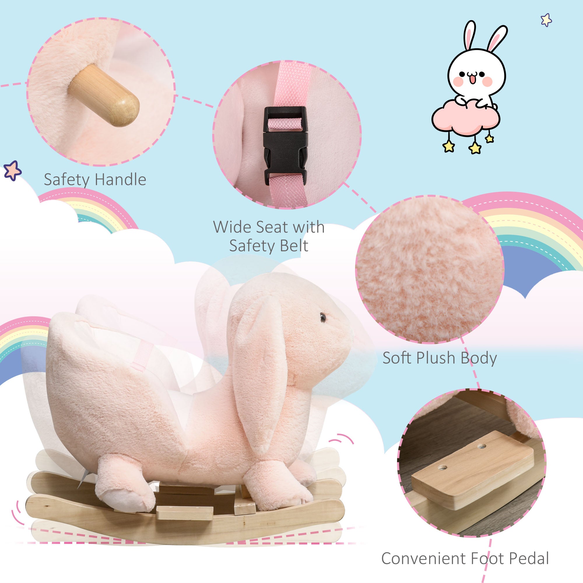 Rabbit Wooden Rocking Horse with Sound, Pink