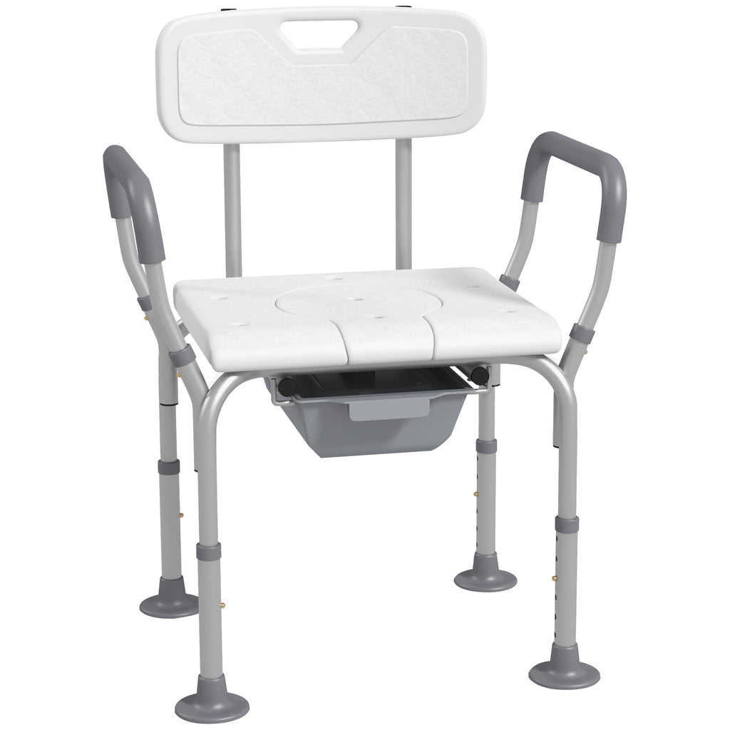 3-in-1 Shower Chair with Back and Arms, Height Adjustable Bedside Commode, Raised Toilet Seat with Non-Slip Rubber Foot Pad for Seniors, Disabled, White