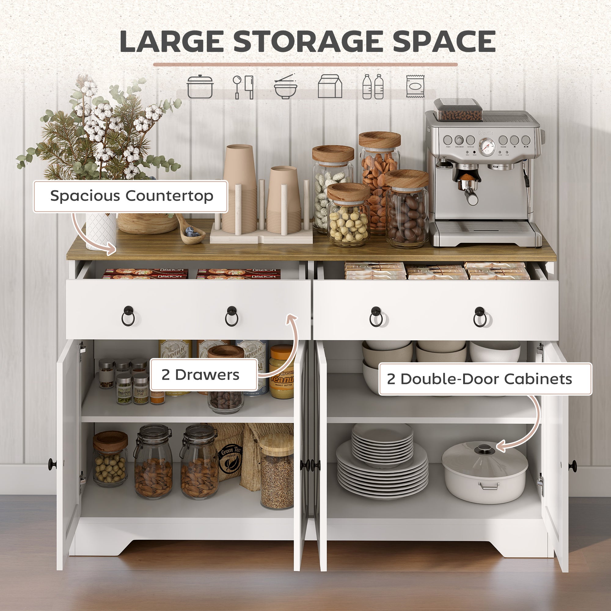 Kitchen Storage Sideboard, Farmhouse Buffet Cabinet with Barn Style Doors, Drawers, Adjustable Shelves, White
