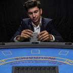 Poker Table Foldable, 72" Blackjack Table for 7 Players with Chip & Cup Holder, Blue Felt