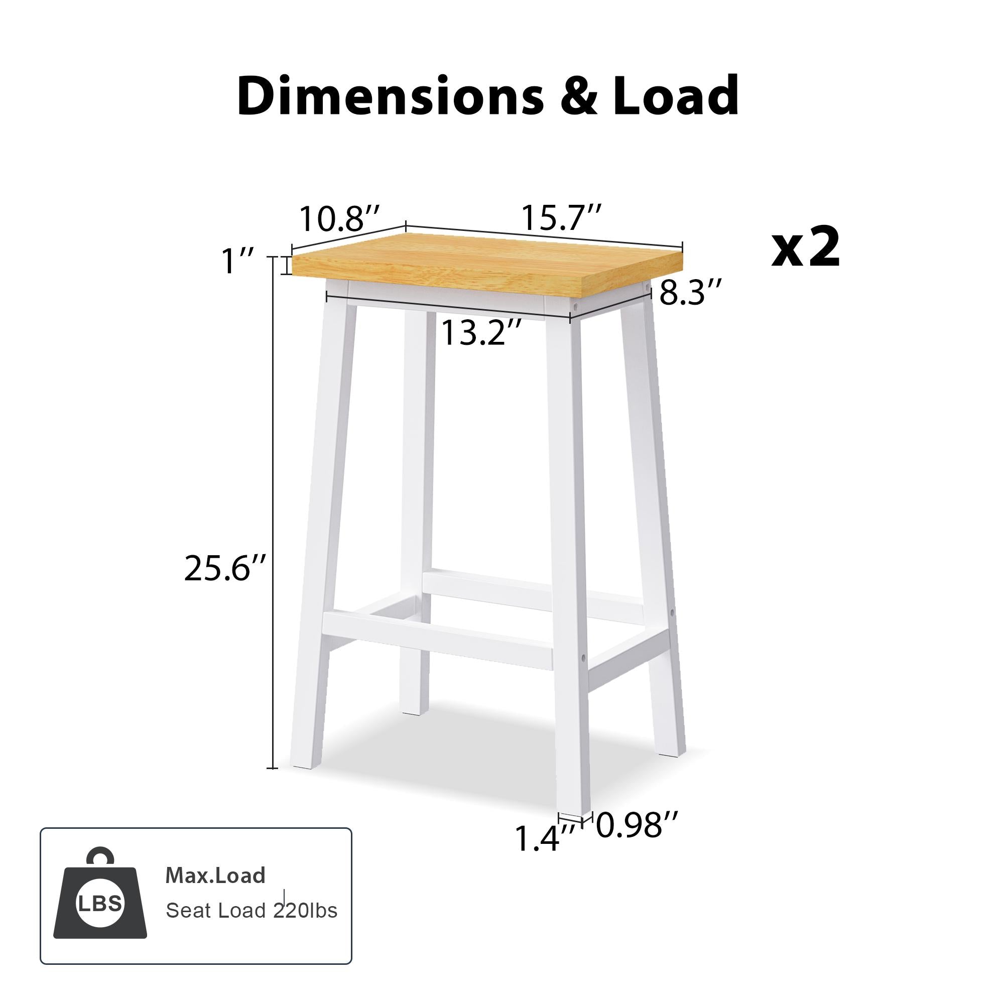 Set of 2 Farmhouse Style Solid Wood Bar Stools with Anti-Scratch Pads, Kitchen Counter Stools with Footrests, 16" L x 11" W x 25.5" H, White
