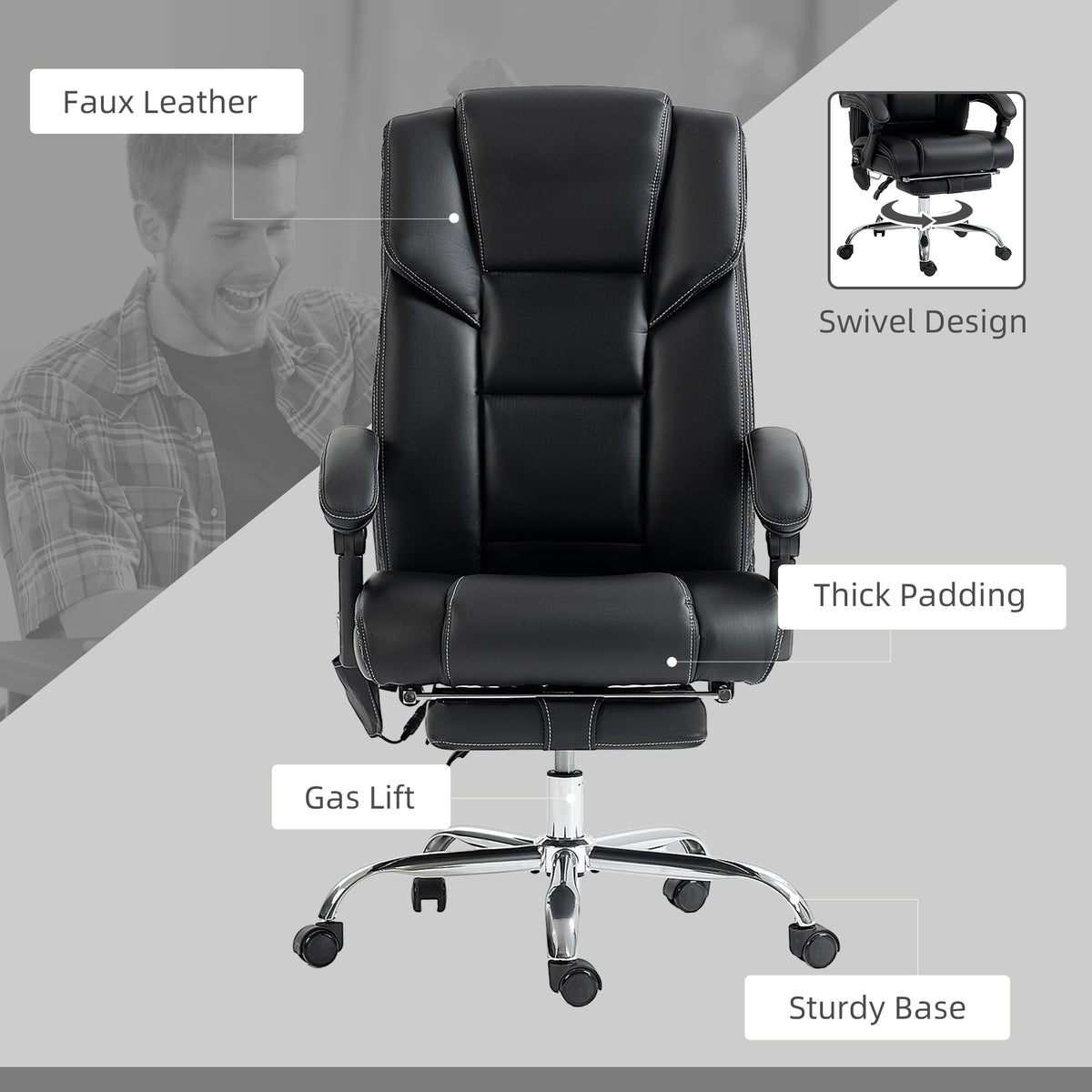 6 Point Vibration Massage Office Chair with Heat, PU Leather Computer Chair with Adjustable Height Reclining Back, Black