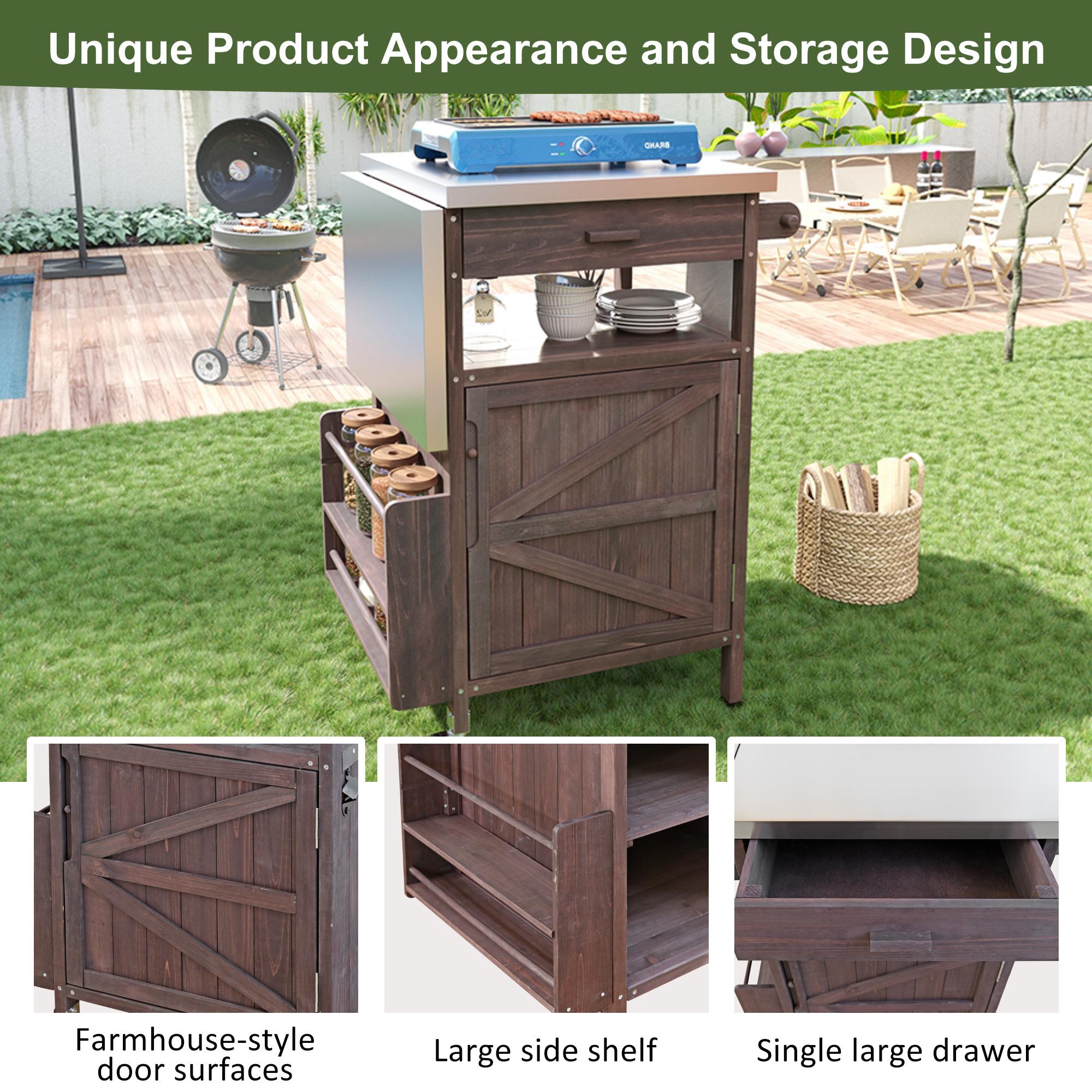 Outdoor Grill Cart with Stainless Steel Top, Storage Cabinet, Drop Leaf, Drawer, Towel Rack, Lockable Wheels, 40.5" L x 21" W x 36.3" H, Brown