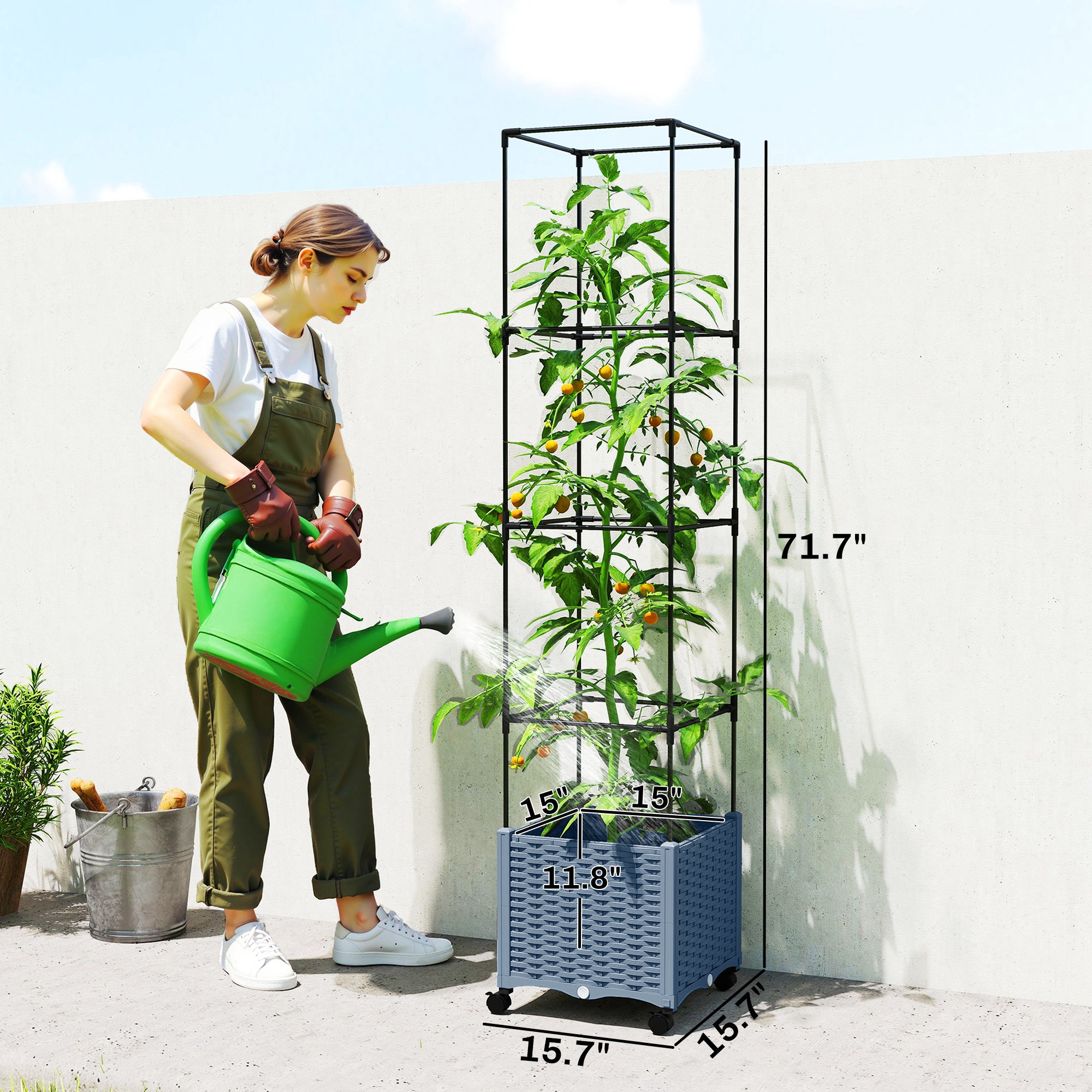 Raised Garden Bed with Trellis, Tomato Cage with Lockable Wheels, Self Watering Planter Box with Drainage Holes, Gray