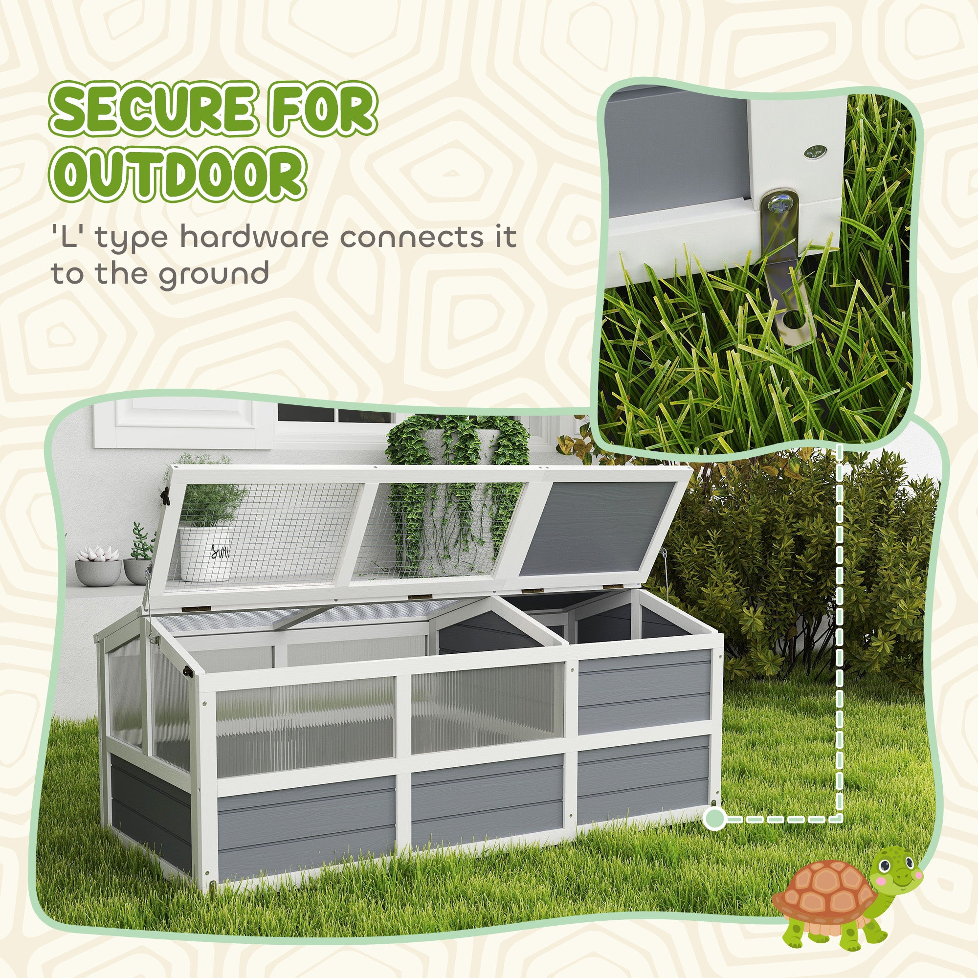 Wooden Tortoise Habitat Outdoor w/ Bottomless Design, Doors, PC Sun Panel Windows, for Small Animals, Rabbit, Light Gray