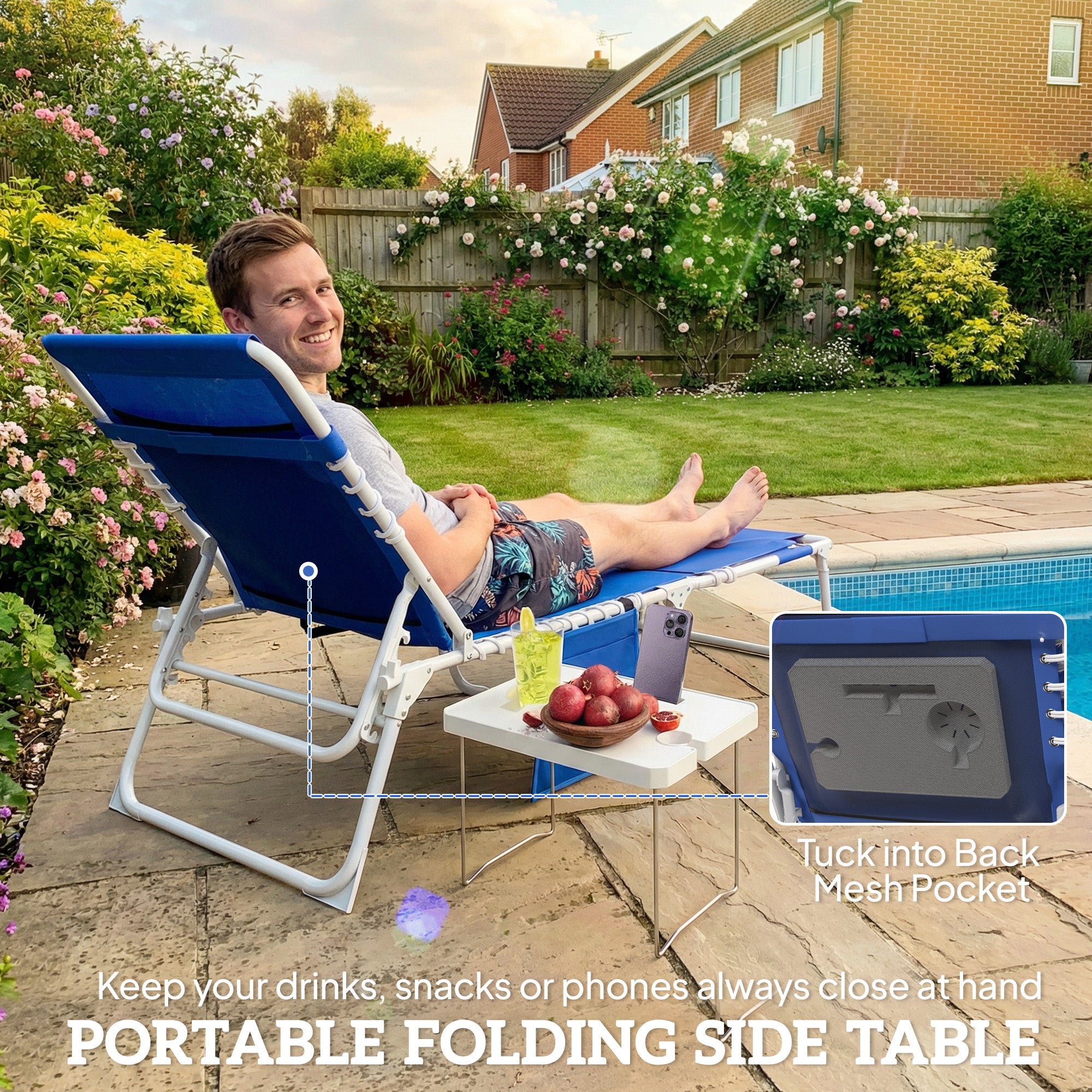 Tanning Chair Set of 2 with Face Hole and Side Table, 5-Position Folding Outdoor Chaise Lounge Chair, Navy Blue