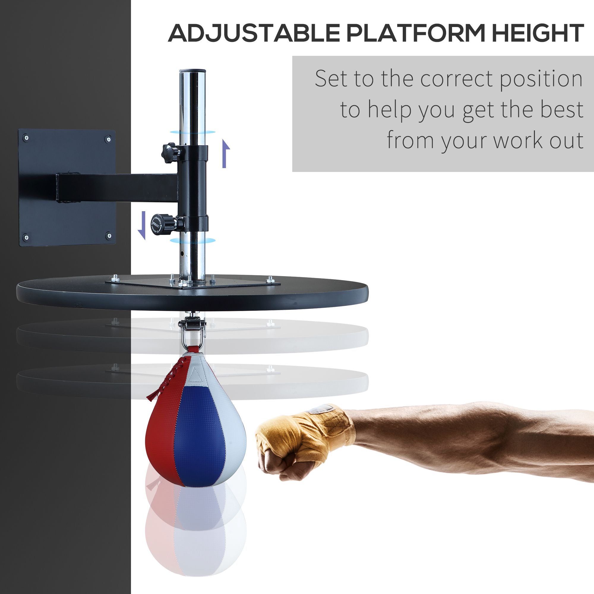 Speed Bag Boxing Punching Bag Wall Mount Height Adjustable, MMA, Martial Arts, and Boxing Equipment for Training at Home, Heavy-Duty Steel Platform, Strong PVC Leather, 9" H x 7" Dia.