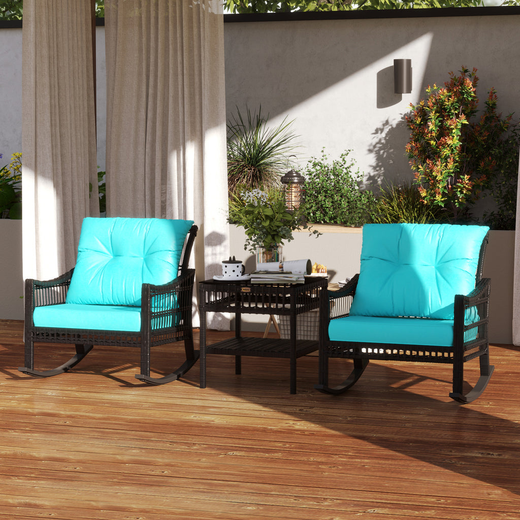 3 Piece Outdoor PE Rattan Rocker Chair Set, Rocking Chair with Tempered Glass Table Top, Turquoise Green