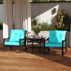 3 Piece Outdoor PE Rattan Rocker Chair Set, Rocking Chair with Tempered Glass Table Top, Turquoise Green