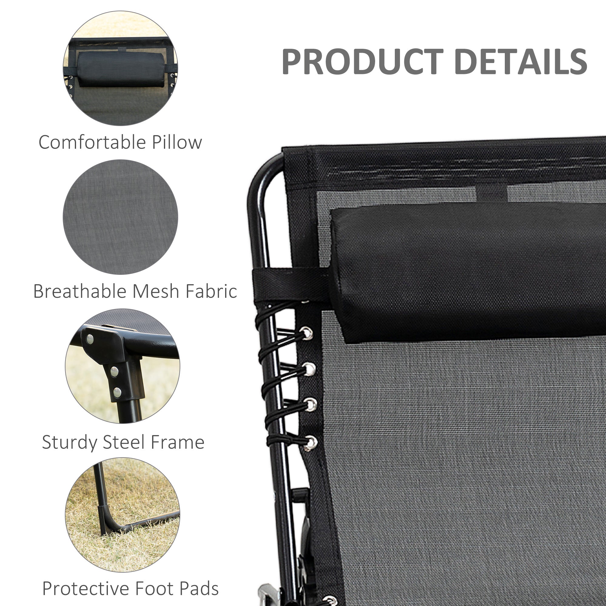 Reclining Chaise Lounge Chair, Portable Sun Lounger, Folding Camping Cot with Adjustable Backrest and Removable Pillow, for Patio, Garden, Beach, Black