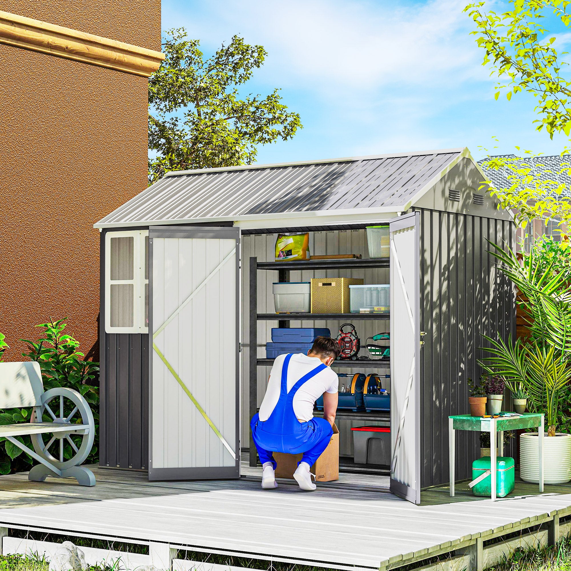 8' x 5.5' Metal Garden Storage Shed, Extra Large Outdoor Tool Storage House w/Lockable Doors, Window, Air Vents, Gray