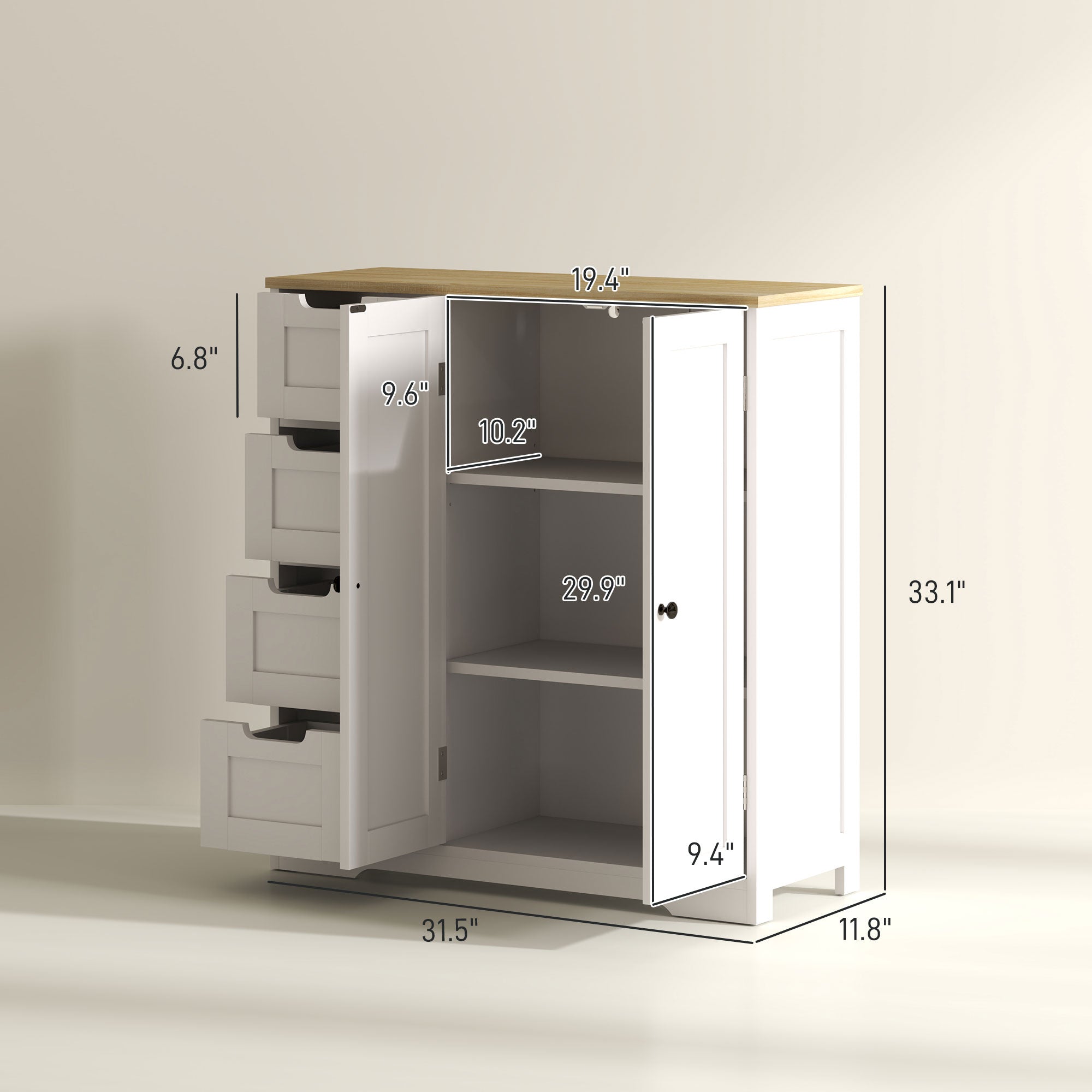 Freestanding Bathroom Floor Cabinet, Modern Bathroom Cabinet with Adjustable Shelf, 4 Drawers and 2 Doors, White