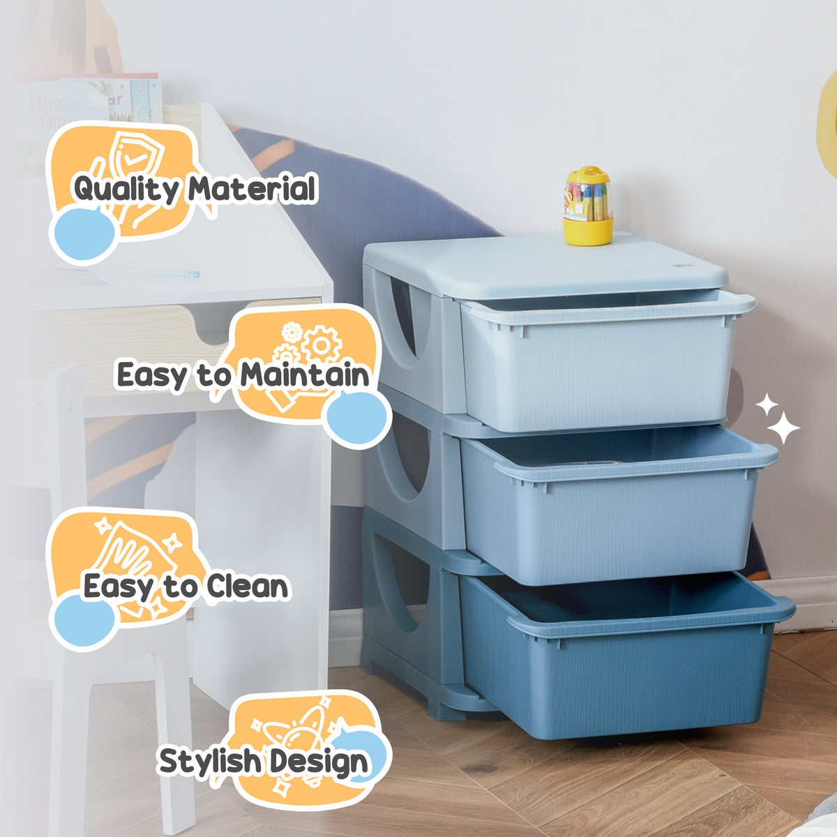3 Tier Kids Storage Unit, Toy Organizers and Storage with 3 Drawer for Bedroom Nursery Living Room for Boys Girls, Blue