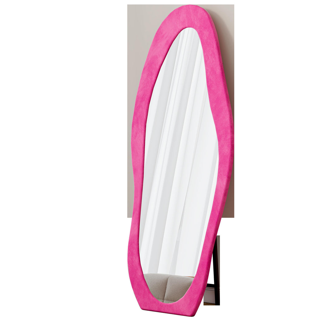 Full-Length Mirror with Flannel-Wrapped Wooden Frame, Irregular Wavy Design, Tempered Glass for Living Room, 63" L x 24" W x 2.5" H, Rose Pink