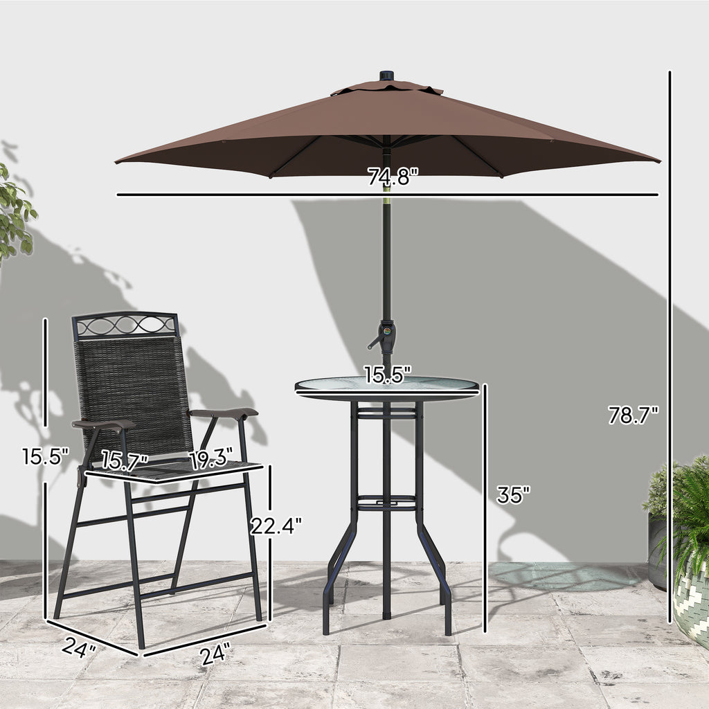 4 Piece Outdoor Bar Set with Umbrella, Patio Dining Set with 2 Folding Chairs, Wave Textured Tempered Glass Table for Backyard, Garden, Deck, Poolside, Black