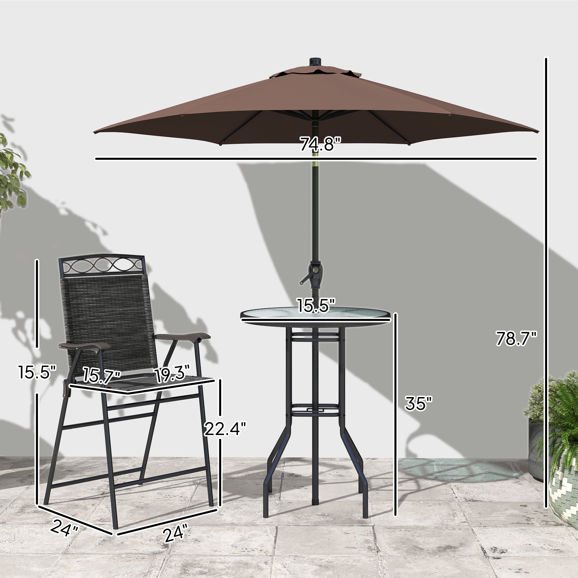 4 Piece Outdoor Bar Set with Umbrella, Patio Dining Set with 2 Folding Chairs, Wave Textured Tempered Glass Table for Backyard, Garden, Deck, Poolside, Black