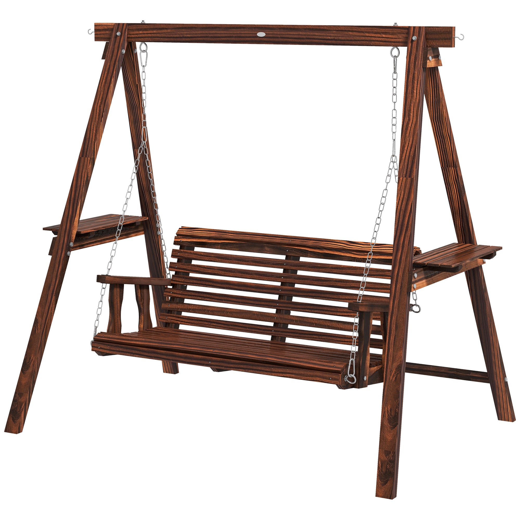 2-Seat Outdoor Swing Chair with Stand and Side Tables for Garden, Poolside, Backyard, Carbonized