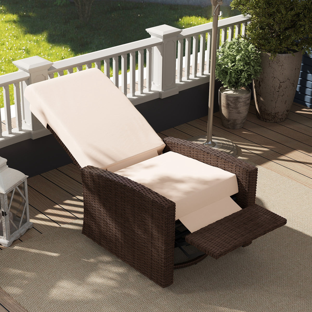 Outdoor Wicker Swivel Recliner Chair, Lifting Footrest, 360° Rotating Basic, Water-resistant Cushions, Cream White