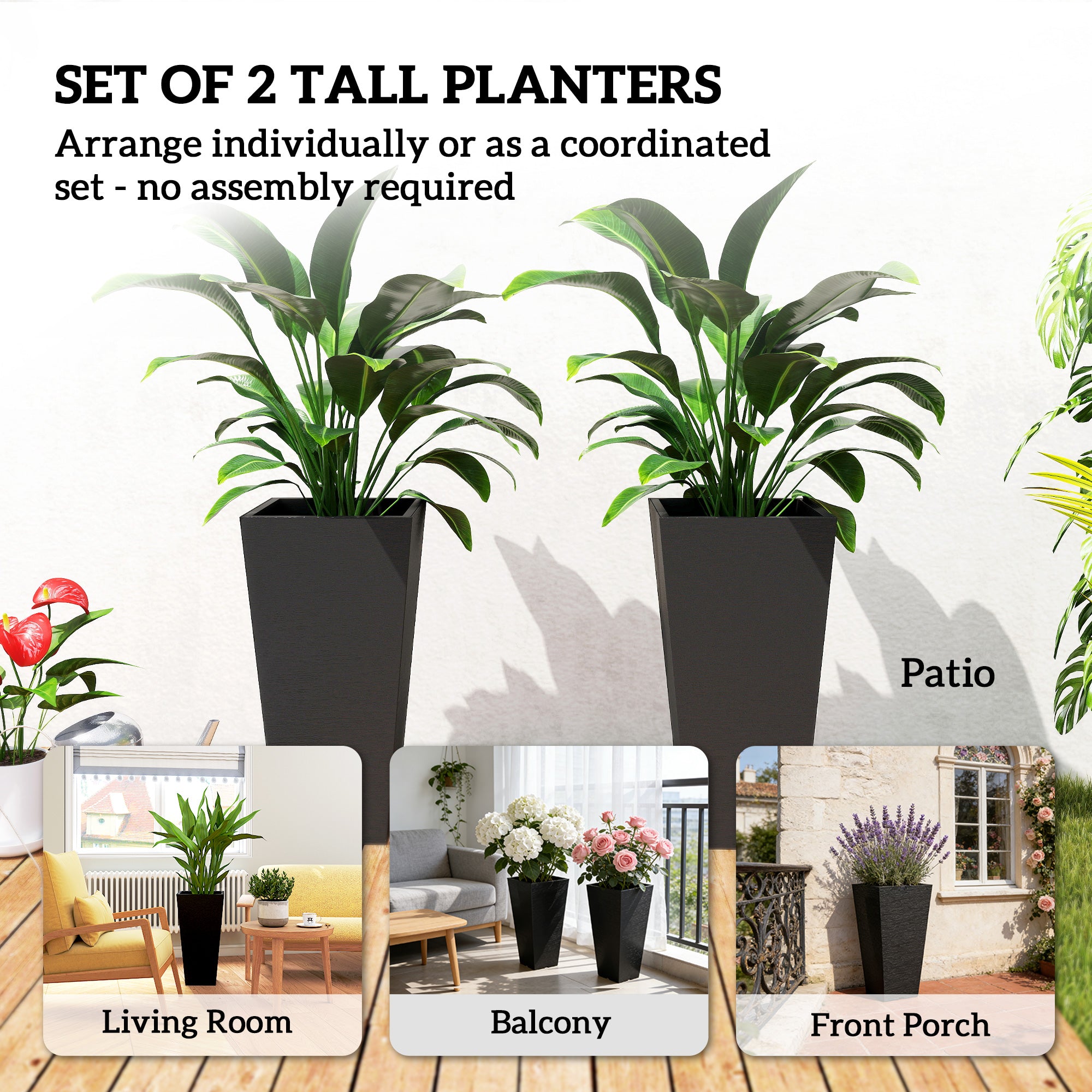 23 Inch Tall Planters for Outdoor Plants, Set of 2 Plastic Flower Pots, for Front Door Patio Garden Use, Black