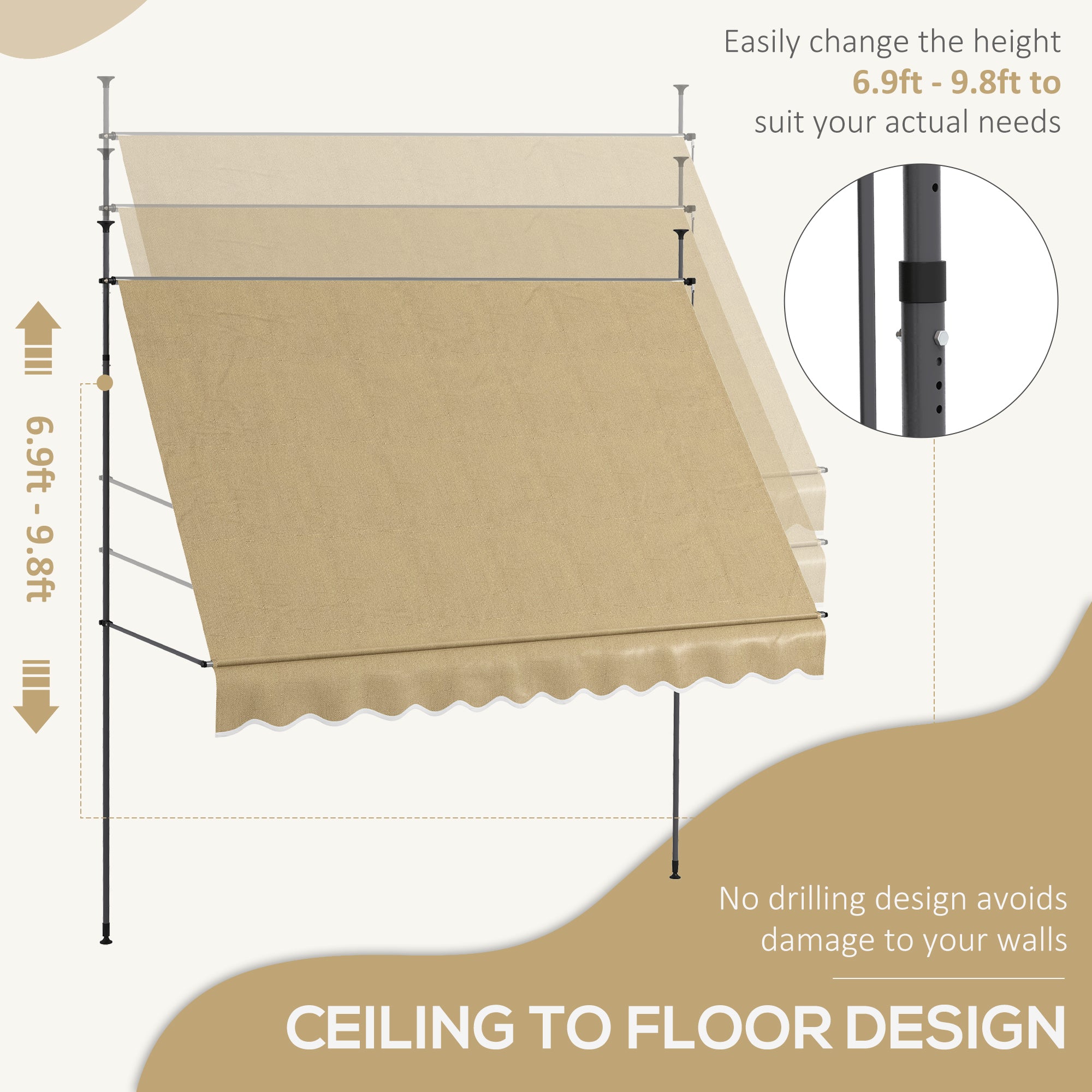 10' x 4' Manual Retractable Awning, Non-Screw Patio Awning, UV Resistant, for Window or Door, Beige