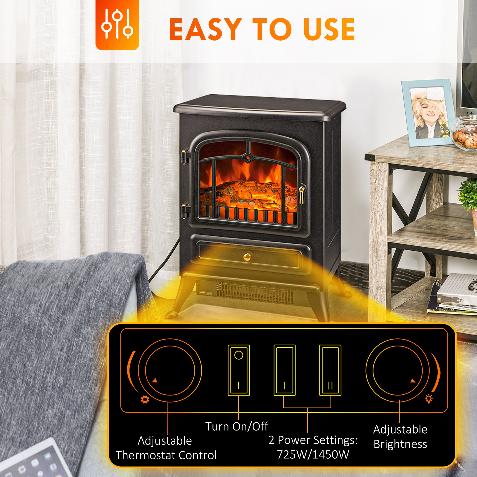 Fireplace Stove, Electric Fireplace Heater with Realistic LED Flames and Logs, 725W/1450W, Black
