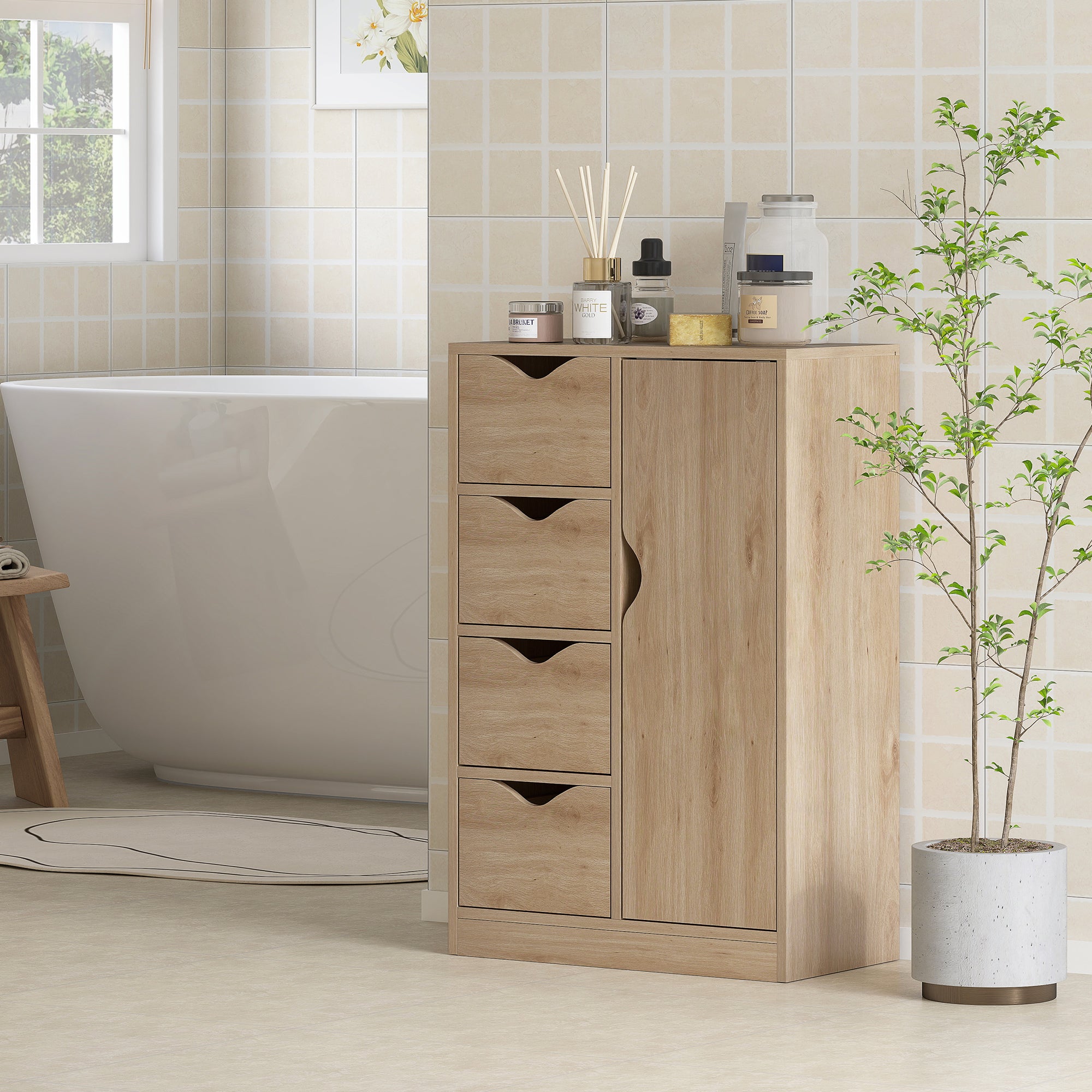 Freestanding Storage Cabinet, Bathroom Floor Cabinet with 4 Drawers and Door, Oak
