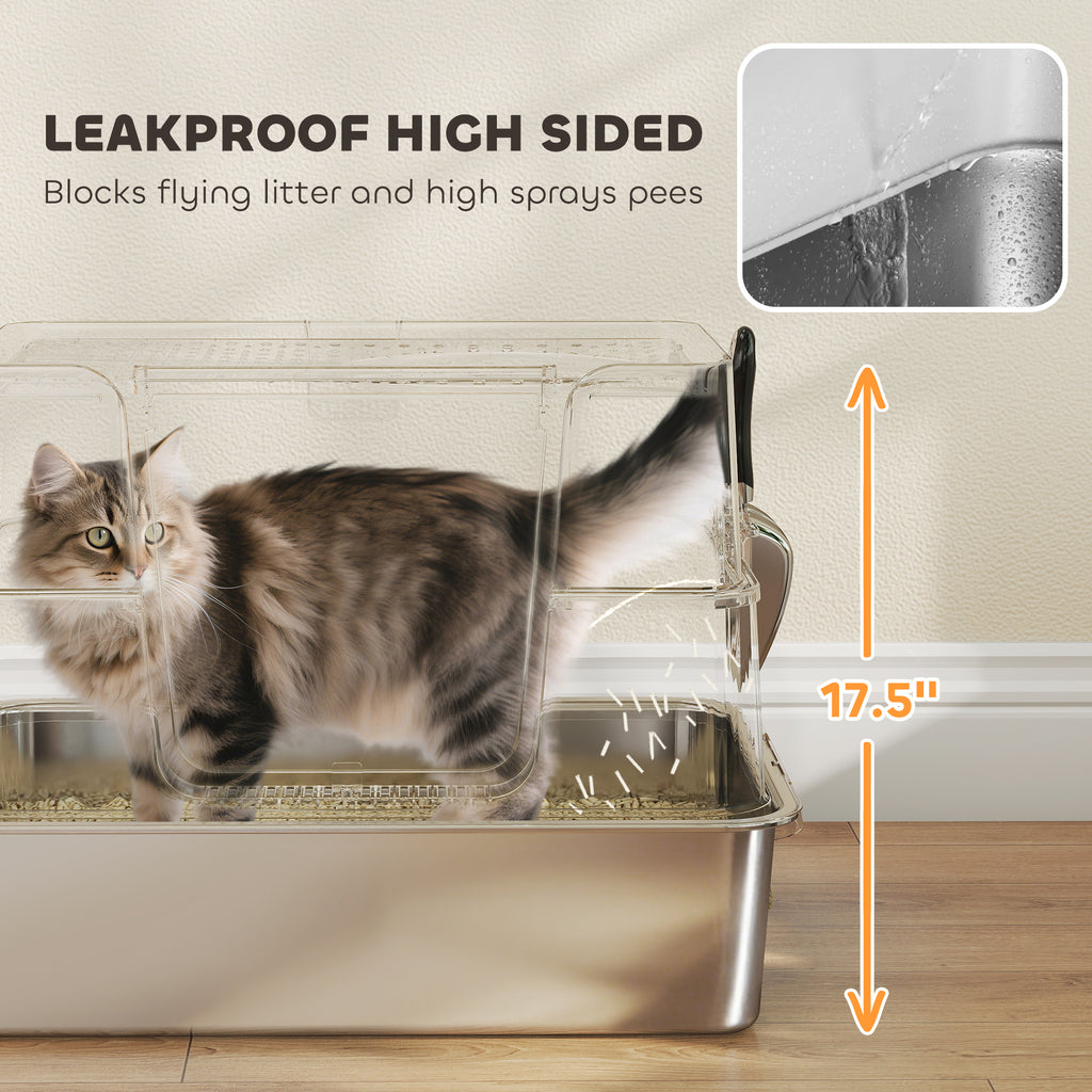 XL Stainless Steel Litter Box w/ 100° Flip Top, Scoop, Step, Top & Side Entry Enclosed Litter Box for Big Cats