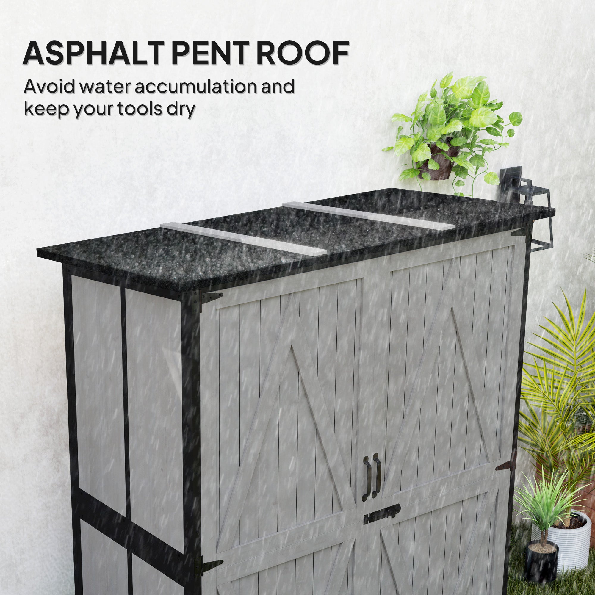 Wood Storage Shed, Outdoor Garden Shed with Asphalt Roof, 2 Shelves, Lockable Doors and Adjustable Feet, Gray