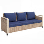 Rattan Wicker Sofa 3-Seater Outdoor Patio Sofa with Cushions for Garden Backyard Porch Dark Blue