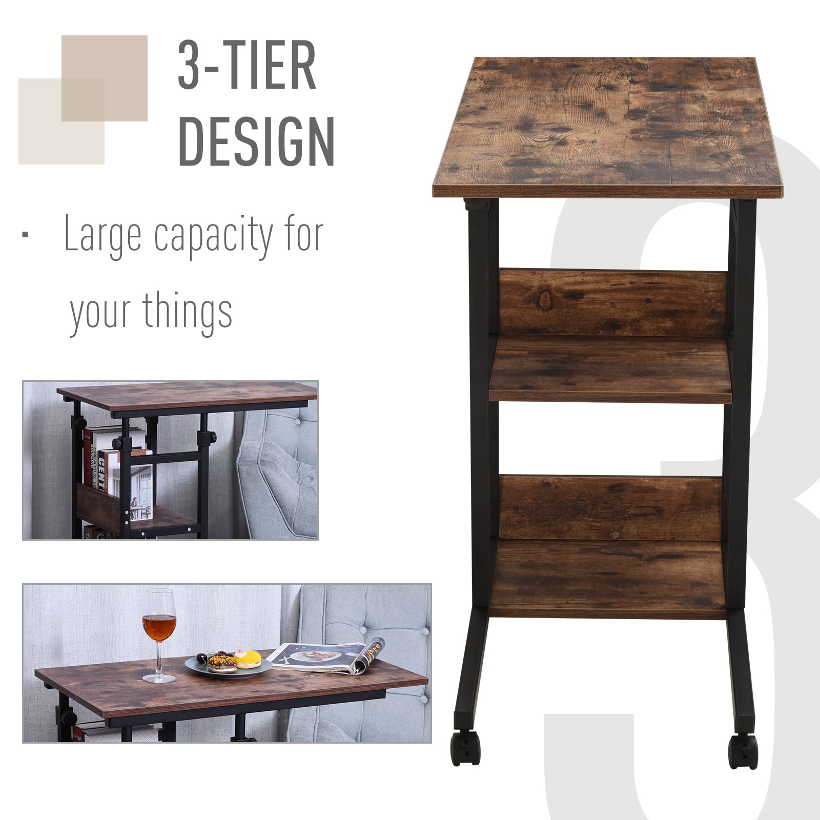 Industrial C-Shaped Mobile Rolling Sofa Side Table with 3-Tier Storage Shelving, Adjustable Height, & Wheels