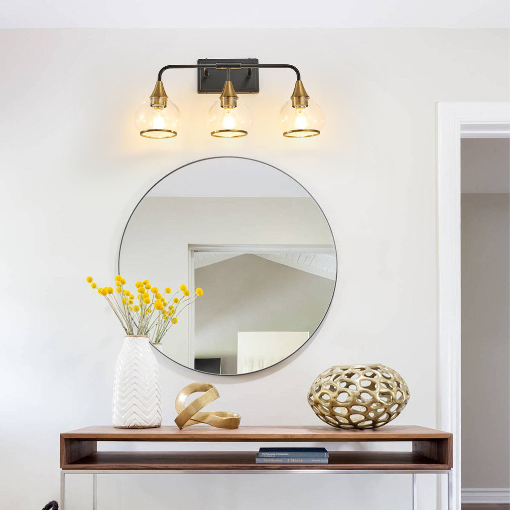 23" Industrial 3-Light Vanity Wall Sconce with Clear Glass Shades, Wall Mounted Lamp for Bathroom, Bedroom, 23" L x 8" W x 11" H, Black+Gold
