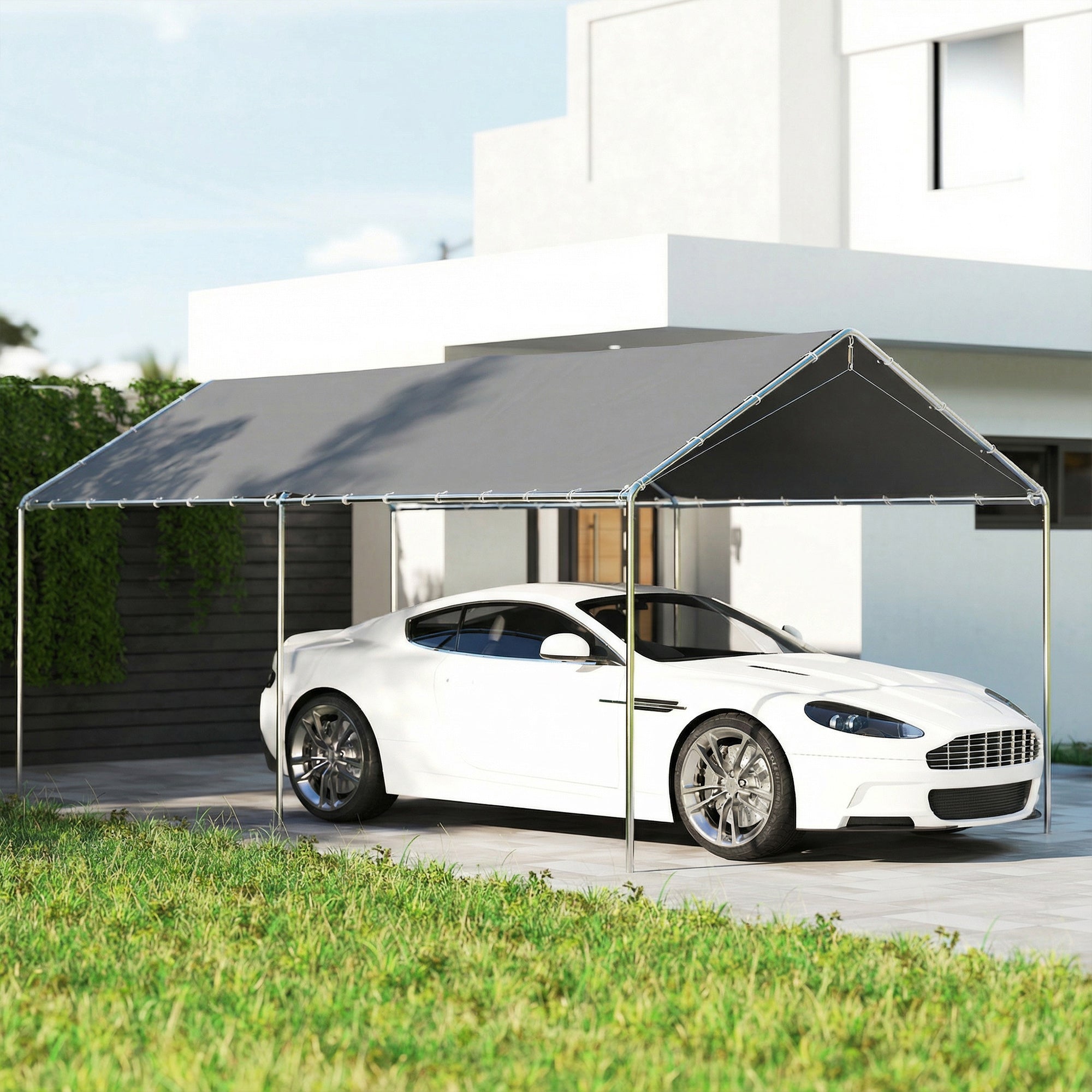 9.6' x 19.5' Carport Heavy Duty Galvanized Car Canopy w/ Included Anchor Kit, 3 Reinforced Steel Cables, Gray