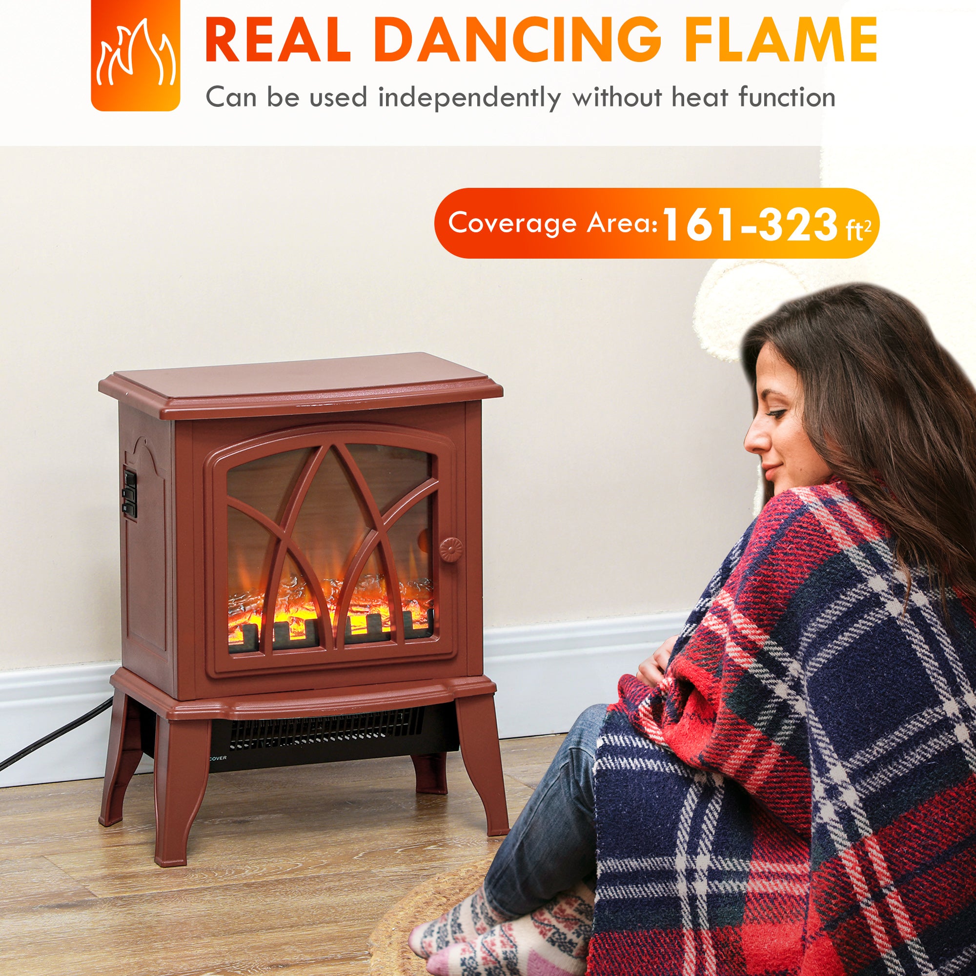 Electric Fireplace Heater, Freestanding Fireplace Stove with Realistic Flames Overheating Protection 750W/1500W, Red