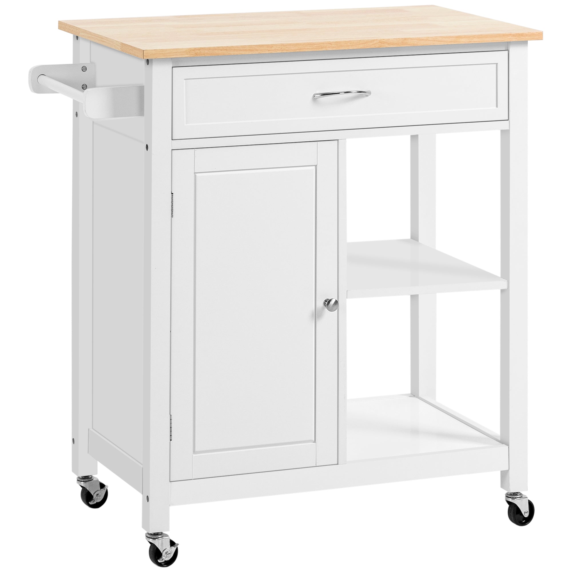 Kitchen Island Cart, Rolling Kitchen Island with Storage Shelf, Solid Wood Top, Drawer, for Dining Room, White