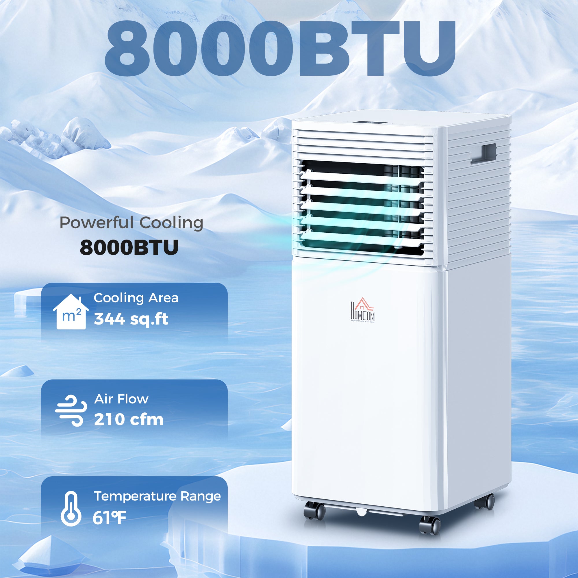 8000 BTU Mobile Air Conditioner for Cooling and Dehumidifying, Remote Control, 24H Timer, LED Display, White