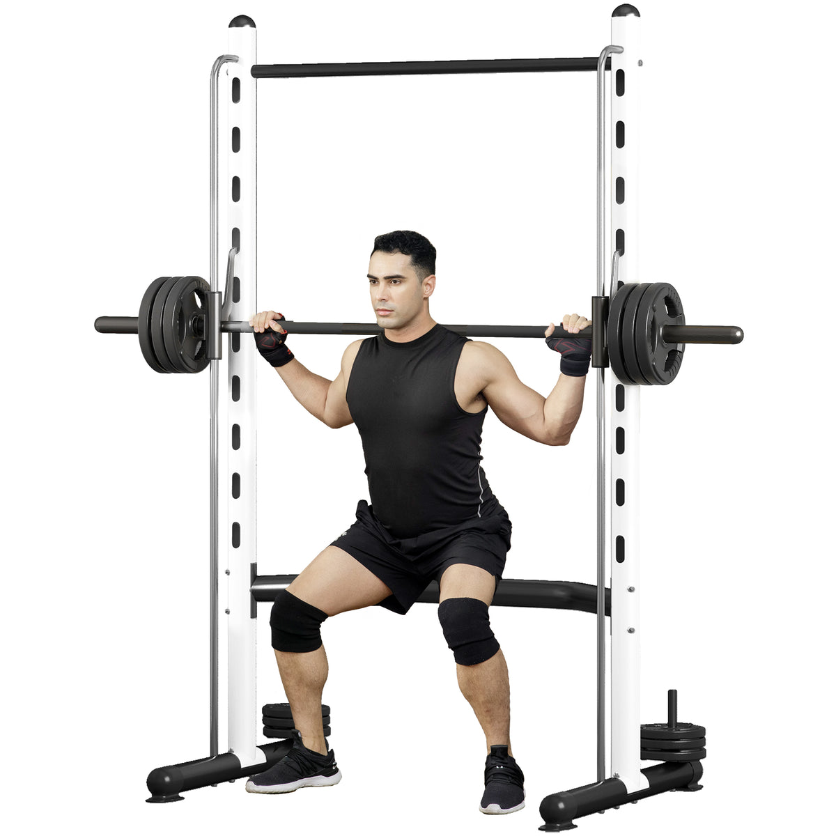 Squat Rack with Pull Up Bar and Barbell Bar Adjustable Bench Press Multi-Function Weight Lifting Half Rack, White