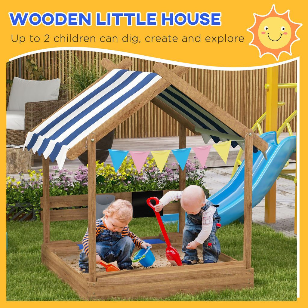 Wooden Sandbox with Canopy, House Design for 3-7 Years Old, Brown
