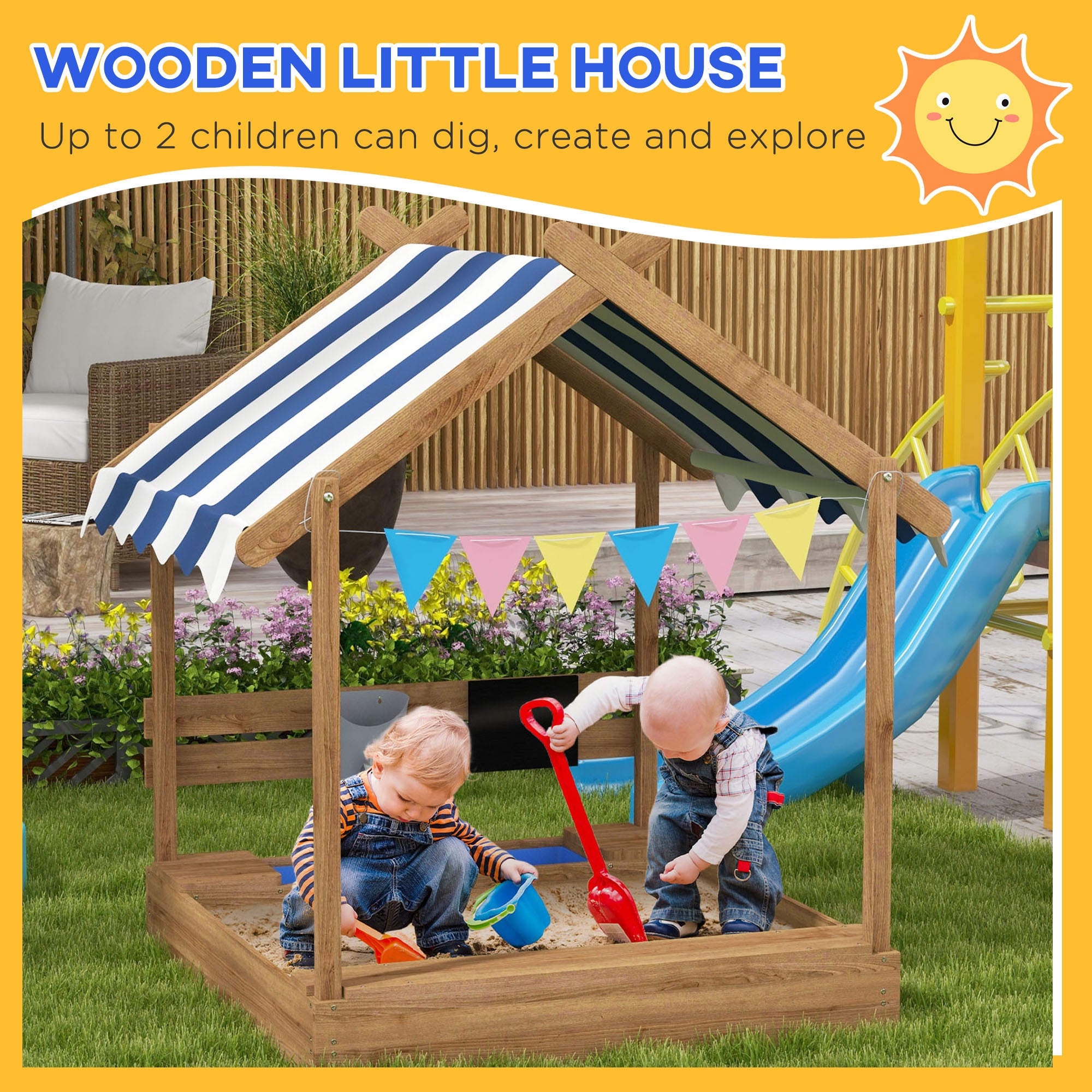 Wooden Sandbox with Canopy, House Design for 3-7 Years Old, Brown