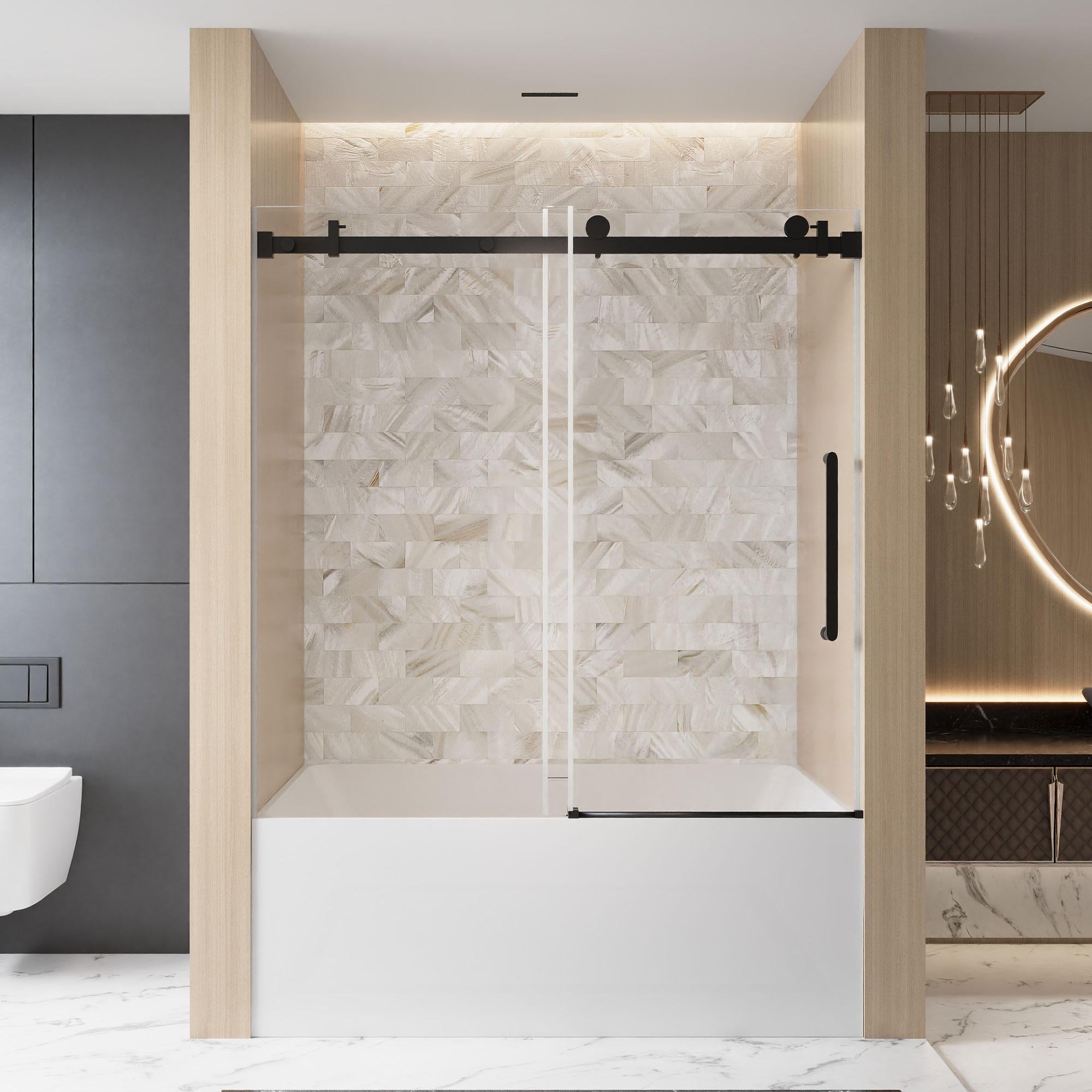 Frameless Sliding Shower Door with Smooth Quiet Stainless Steel Rollers & Round Tracks, Panel for Bathroom, 60" L x 0.5" W x 60" H, Matt Black