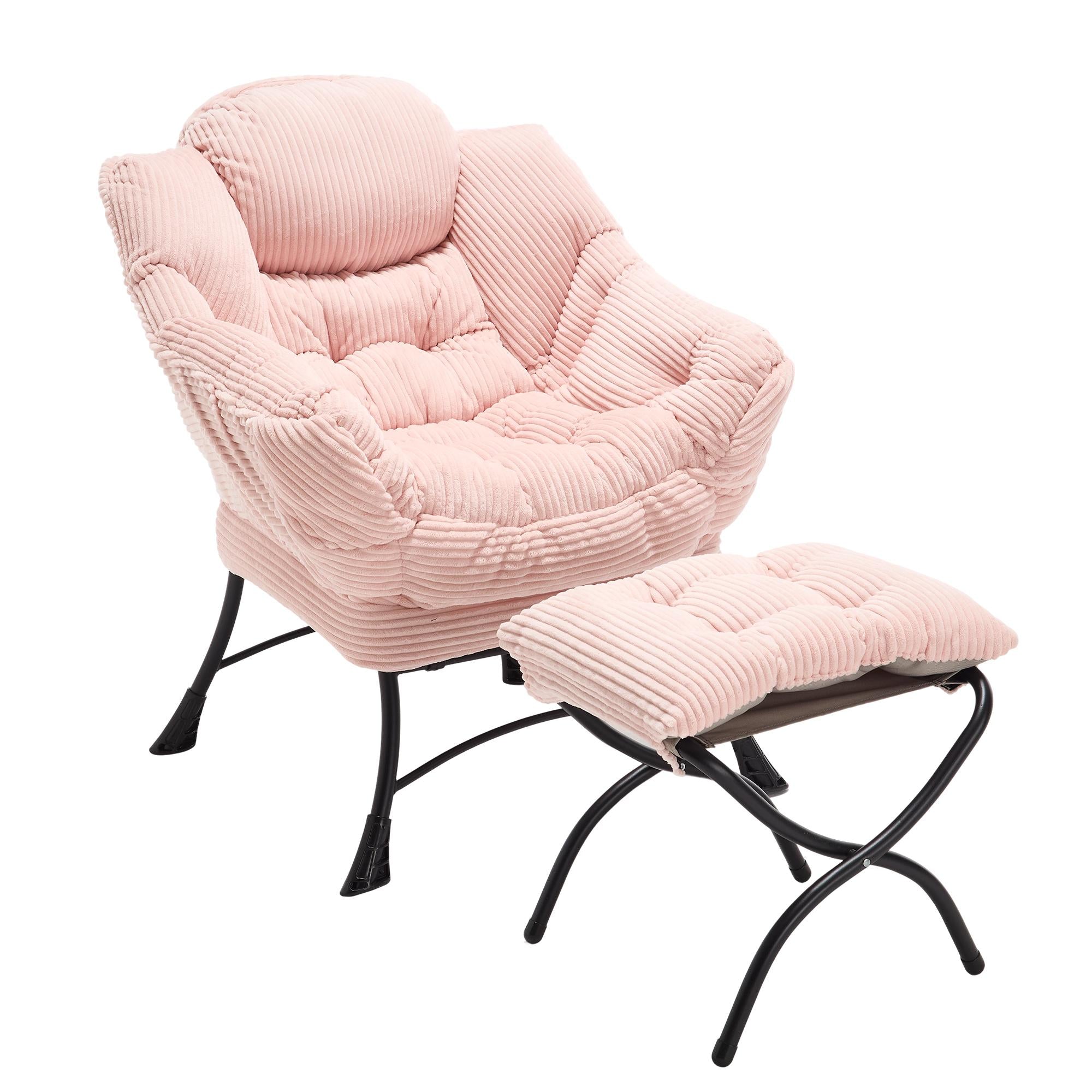 Ergonomic Lazy Chair with Ottoman, Armrests and Side Pocket, Lounge Accent Chair with Steel Frame, 31.5" L x 25" W x 37.5" H, Pink