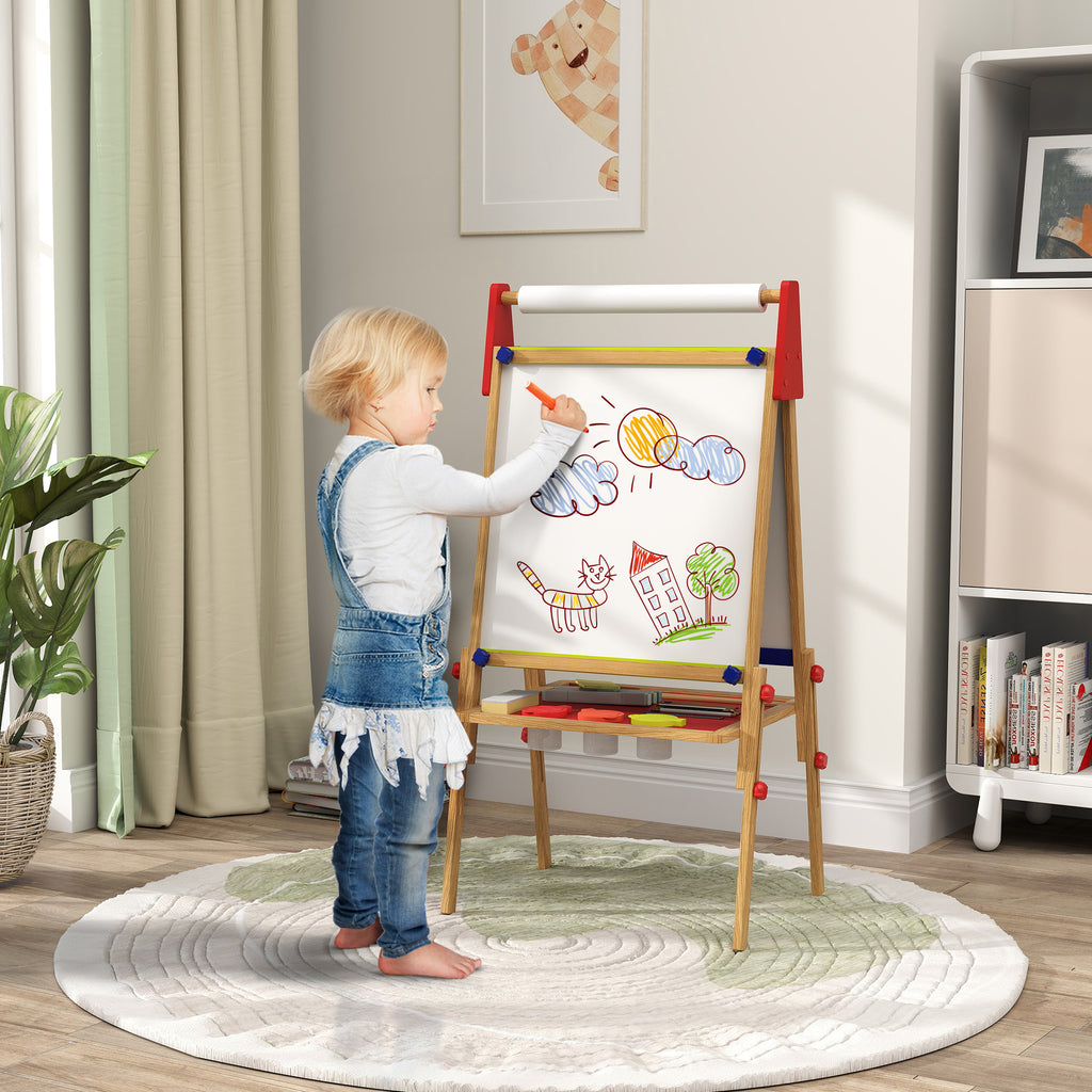 3 in 1 Easel for Kids with Paper Roll, Whiteboard, Chalkboard, Double Sided & Adjustable Height, Nature Wood