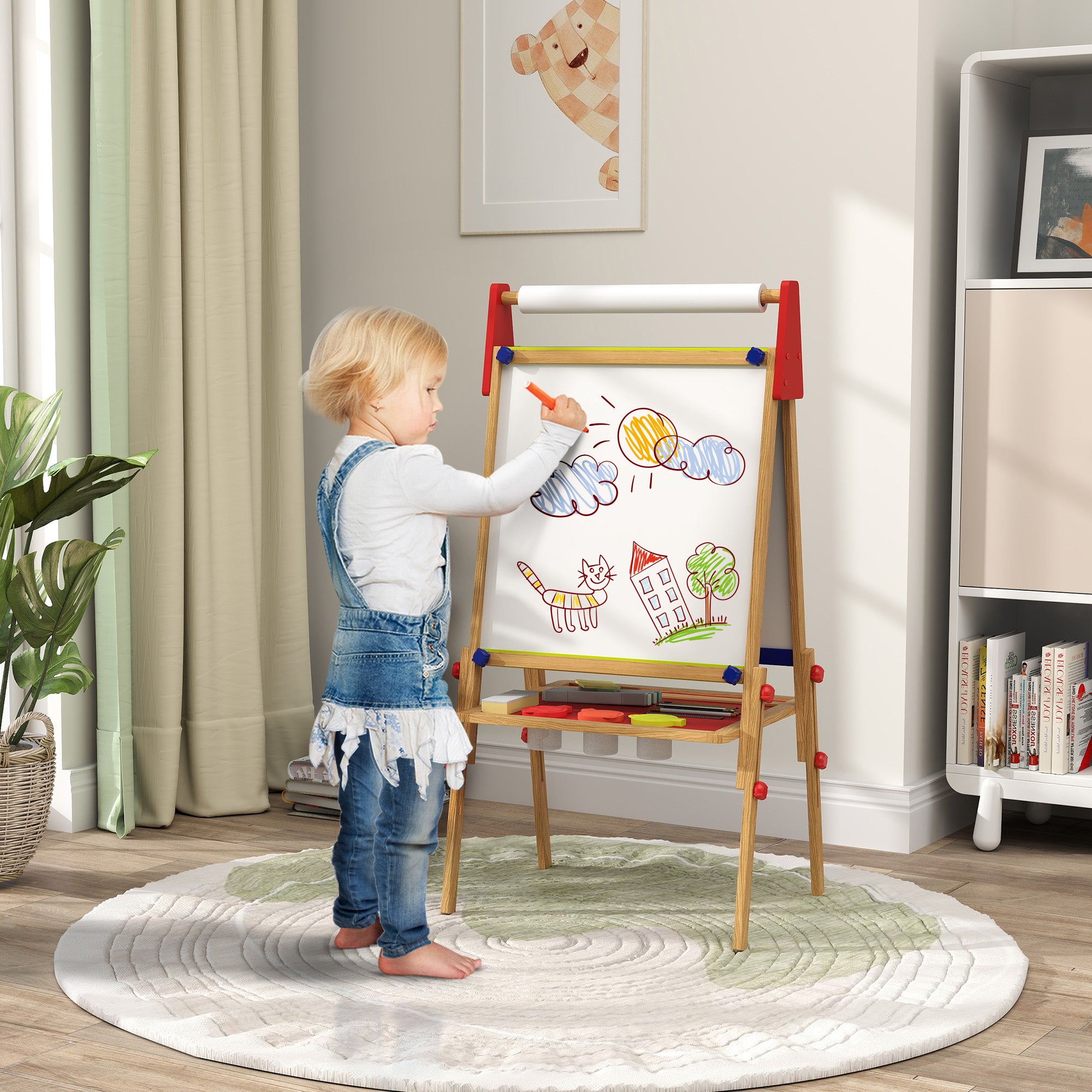 3 in 1 Easel for Kids with Paper Roll, Whiteboard, Chalkboard, Double Sided & Adjustable Height, Nature Wood