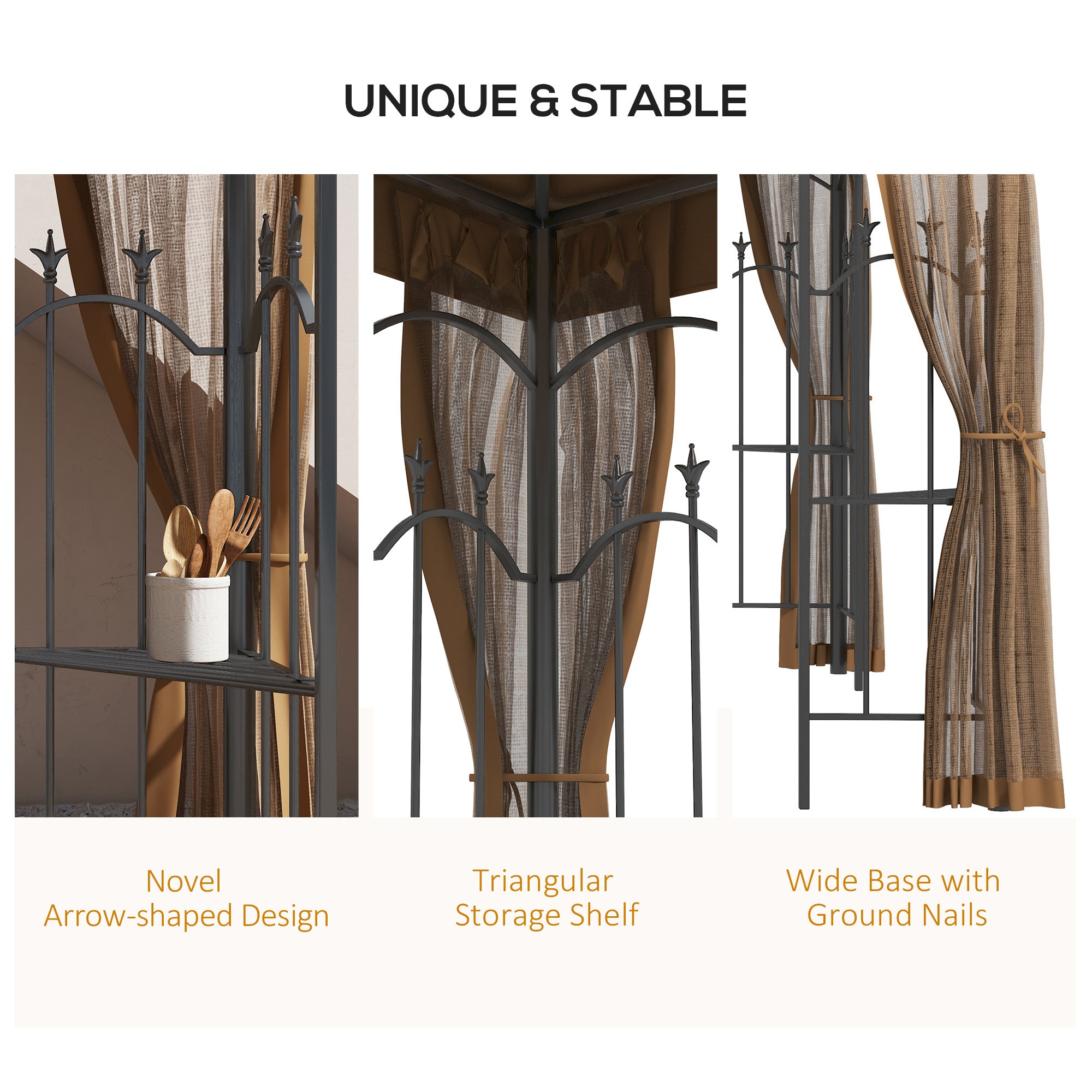 10' x 12' Patio Gazebo with Corner Frame Shelves, Double Roof Outdoor Gazebo Canopy Shelter with Netting, Brown