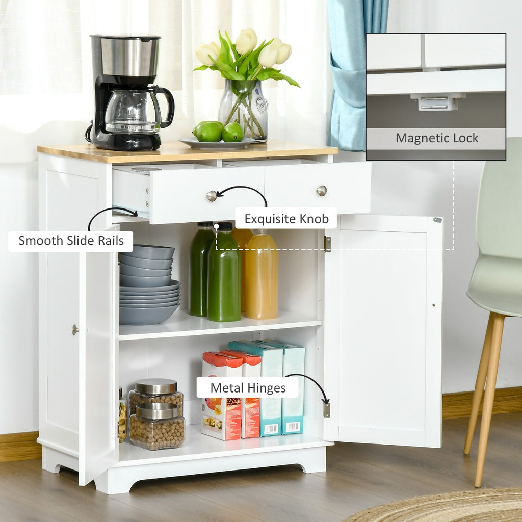 Kitchen Storage Cabinet, Sideboard Floor Cupboard with Solid Wood Top, Adjustable Shelf, and 2 Drawers for Living Room, and Hallway, White