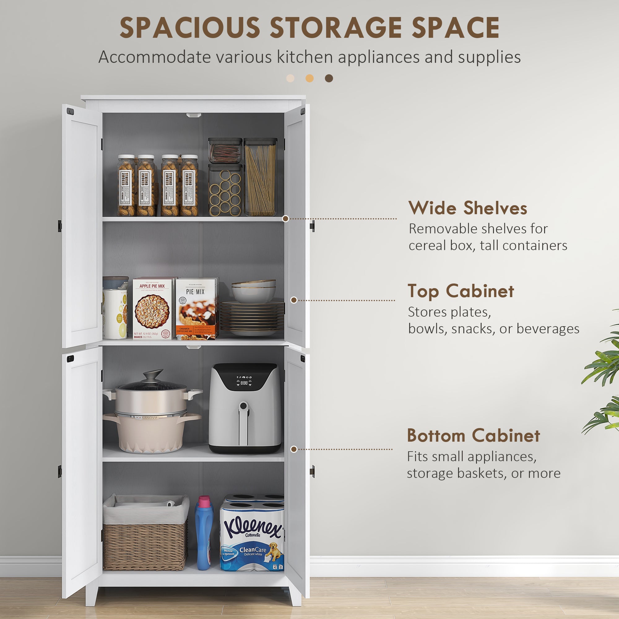 72" Freestanding Kitchen Pantry Cabinet, Farmhouse Tall Storage Cabinet with 4 Door Cabinets and Adjustable Shelves for Dining Room, White