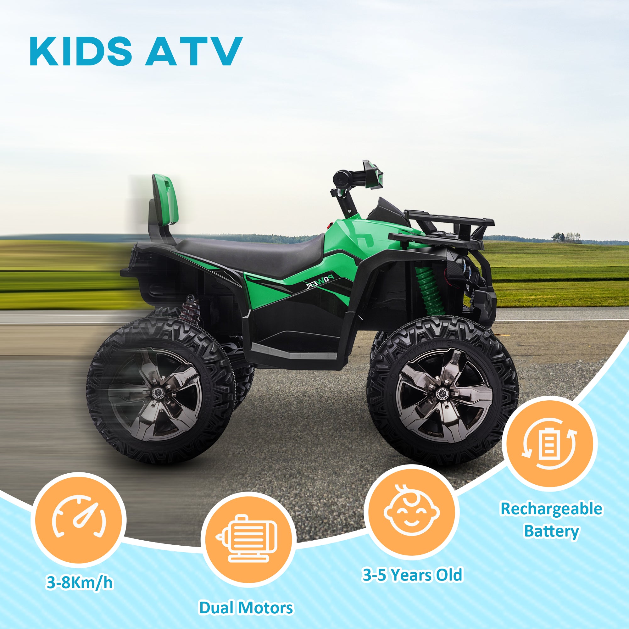 12V 4 Wheeler Kids ATV with Music, Headlights for 37-60 Months Boys and Girls, Green