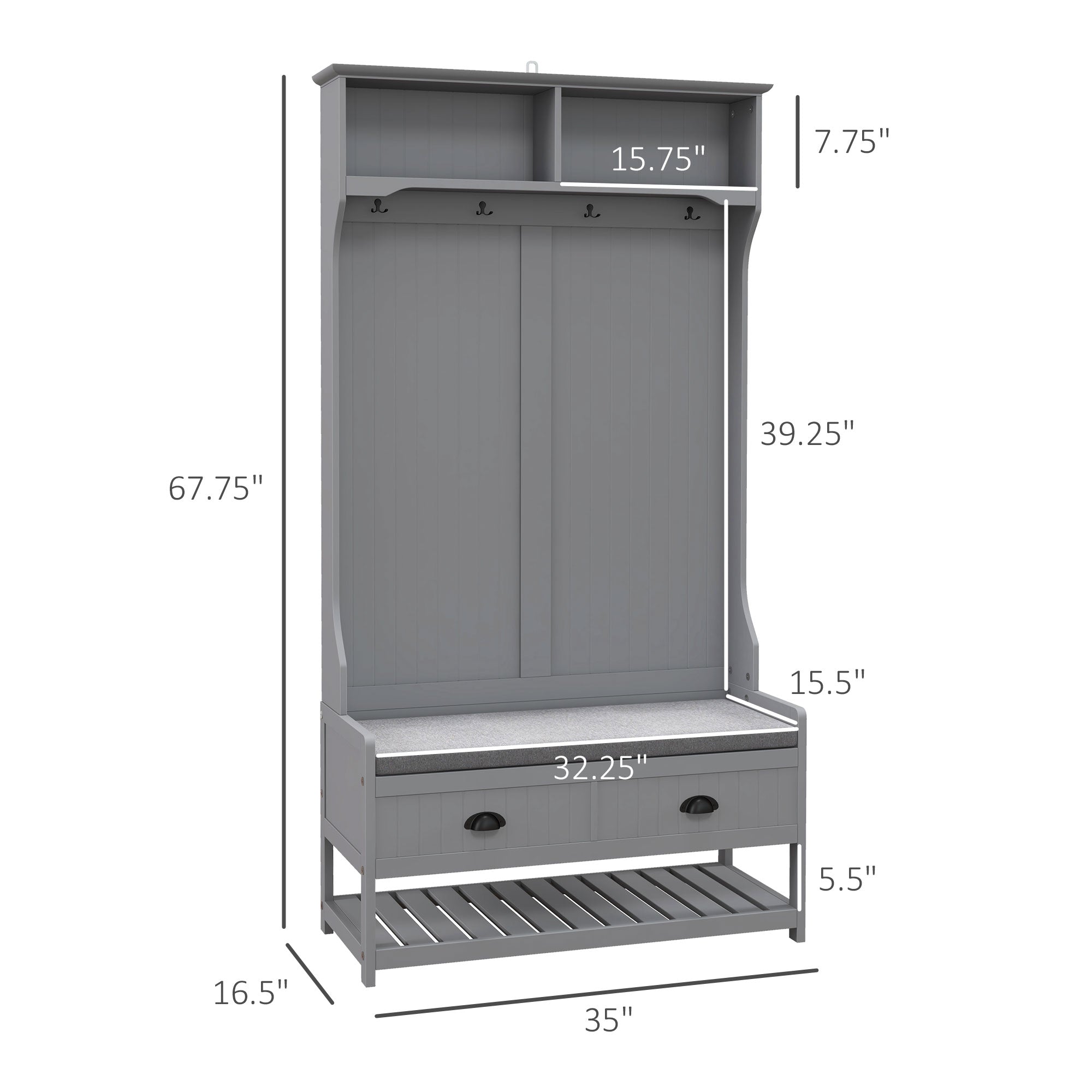 3-in-1 Hall Tree, Entryway Bench with Coat Rack, Mudroom Bench with Shoe Rack, 2 Storage Drawers, 4 Hooks and Padded Seat Cushions for Hallway, Gray