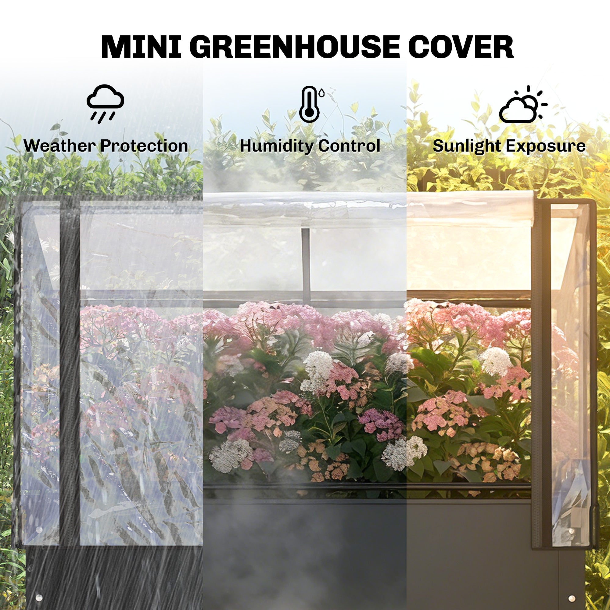Raised Garden Bed with Flip-Up Greenhouse Cover, Metal Elevated Garden Bed with Legs and Drainage Hole, Black